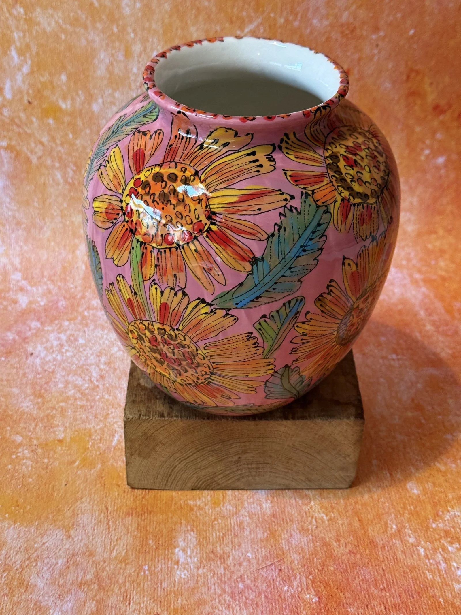 Pink With Sunflowers Squat Vase