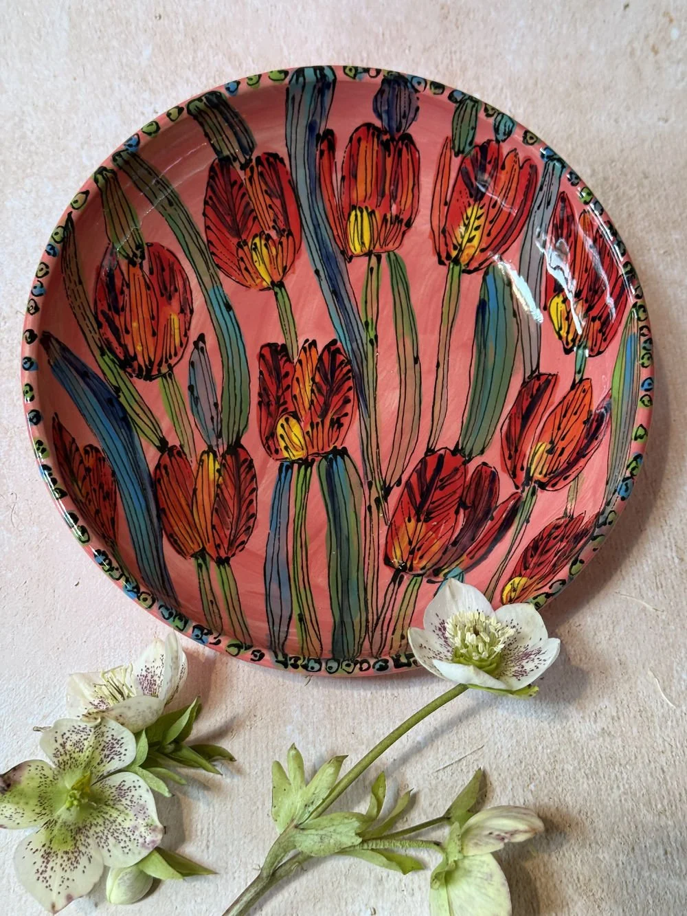 Red Tulips on Pink Pasta Bowl 8 Inch