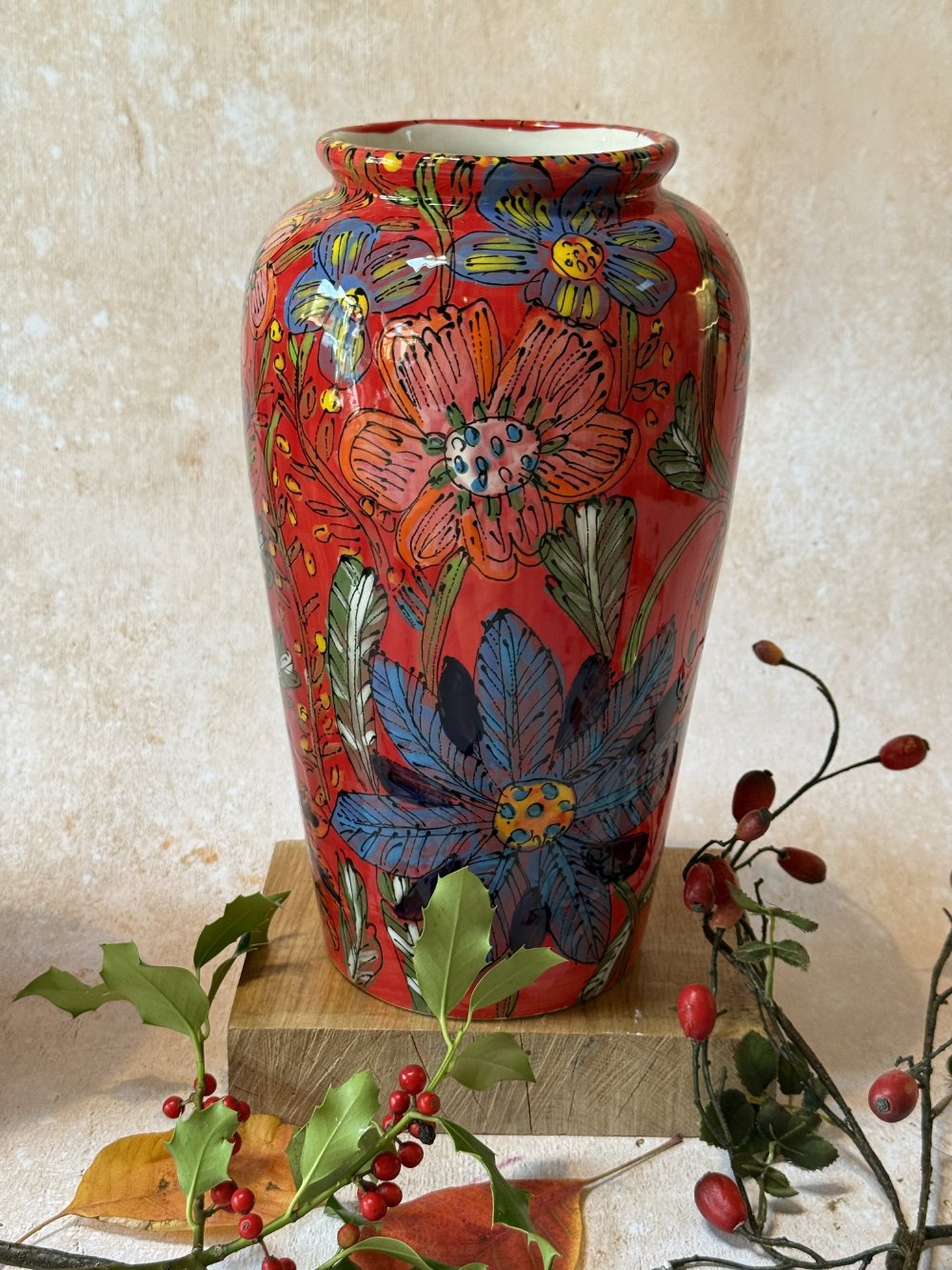 Silk Design on Red Victorian Vase