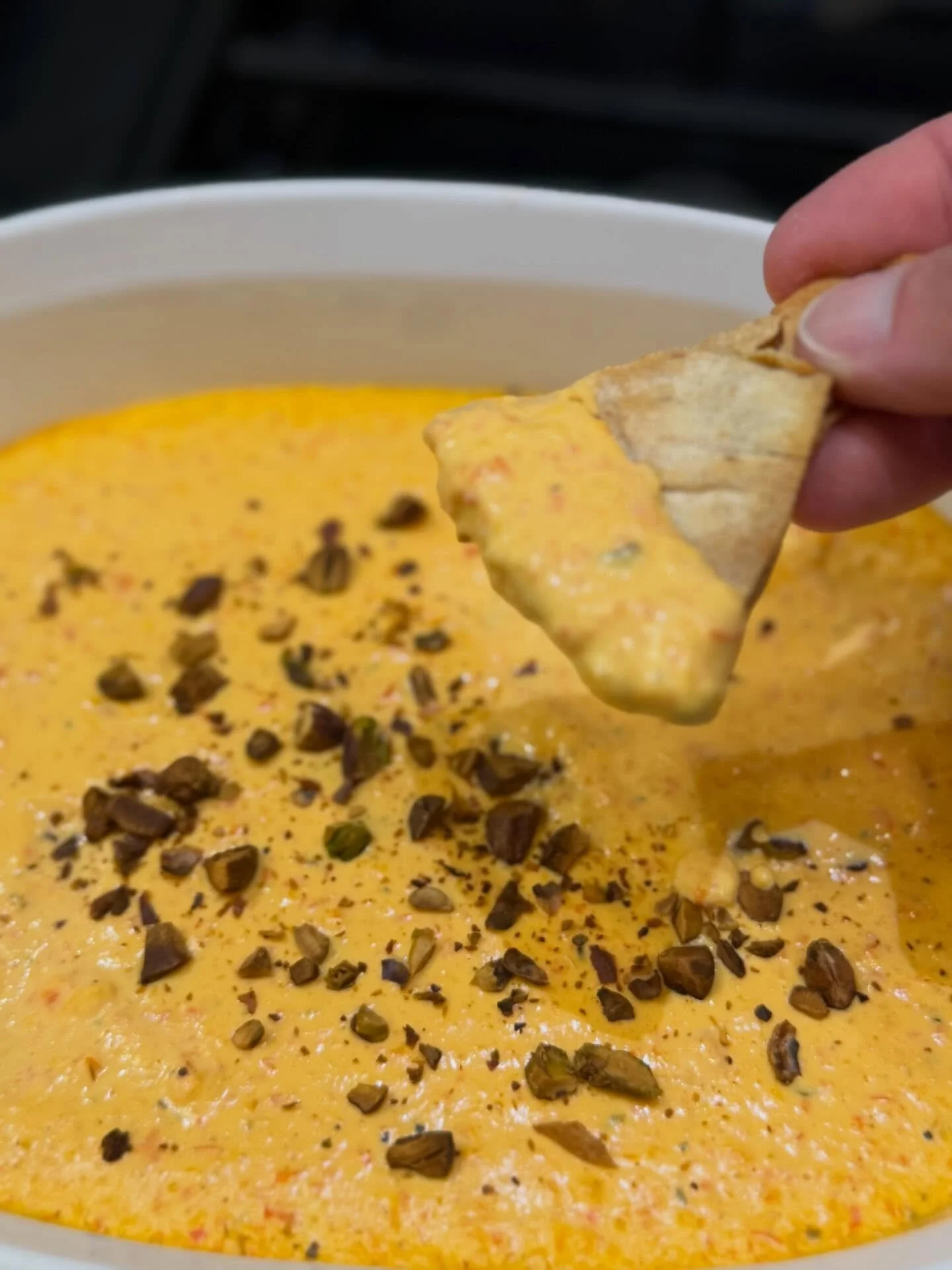 Roasted read pepper and goat cheese dip, topped with roasted pistachios.  It is perfect for this beautiful winter day.
#winter #dips #goatcheese #bigpetesseasonings