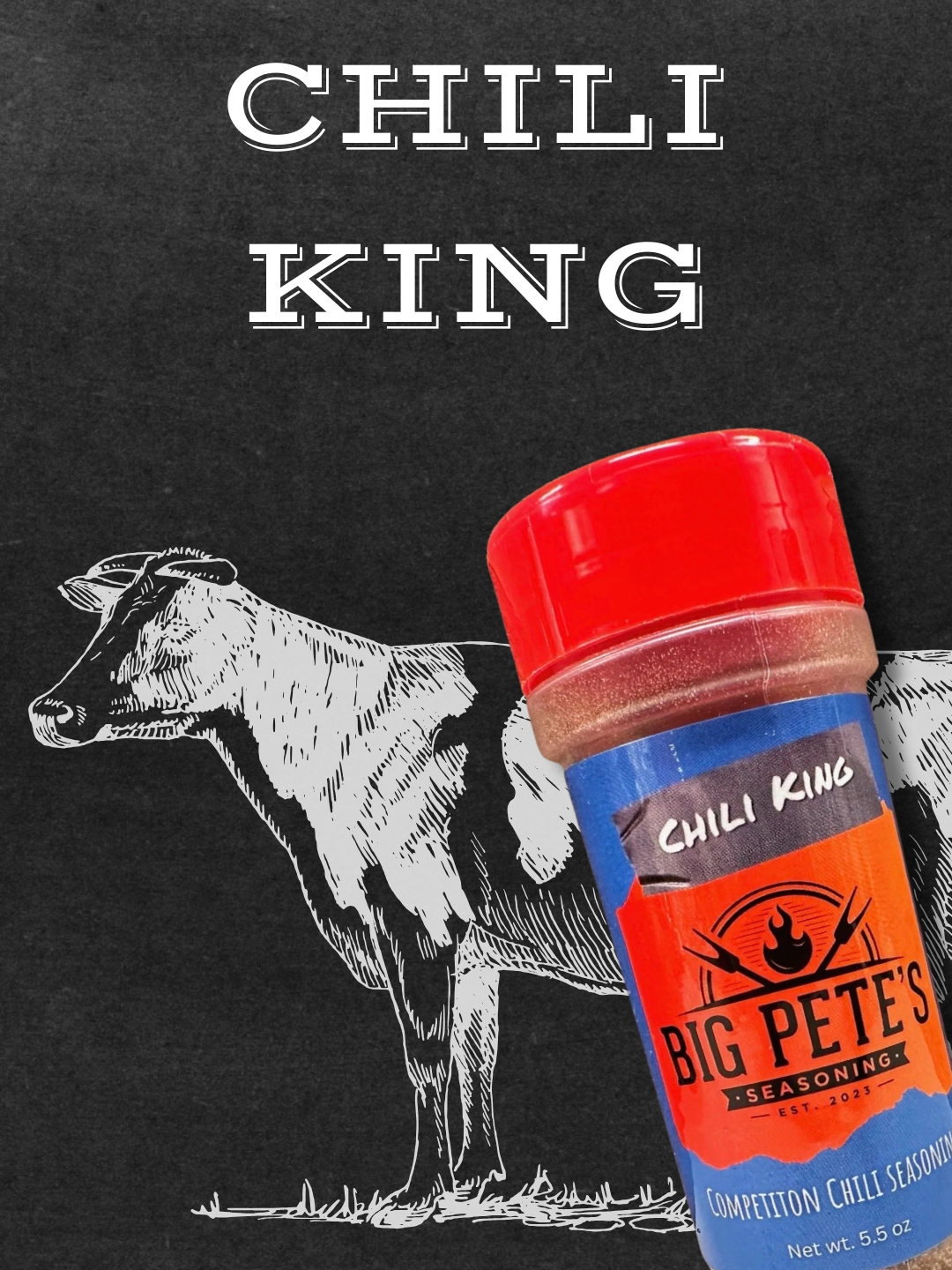 Chili King seasoning bottle over an image of a cow, appearing as if drawn on a chalkboard.