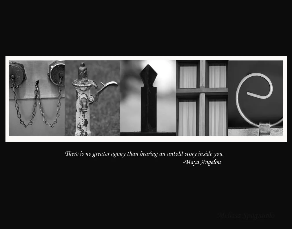 A collage of five black and white images showing various locks and mechanical objects, with a quote by Maya Angelou that reads, "There is no greater agony than bearing an untold story inside you."