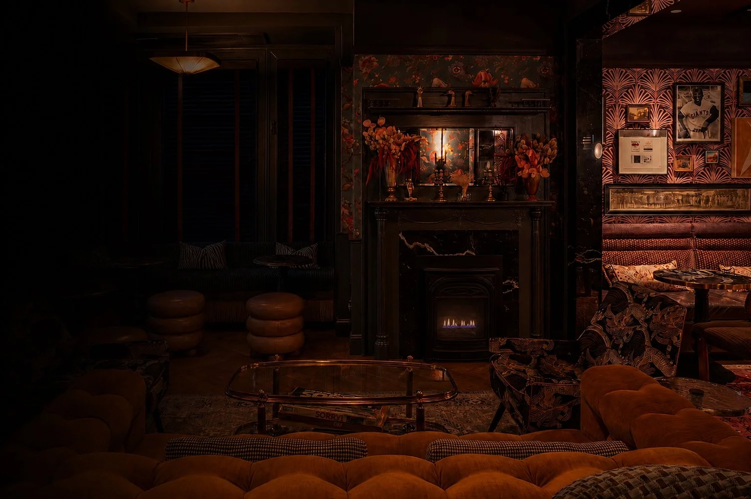 The fireplace and lounge prepared for a private gathering at Left Door