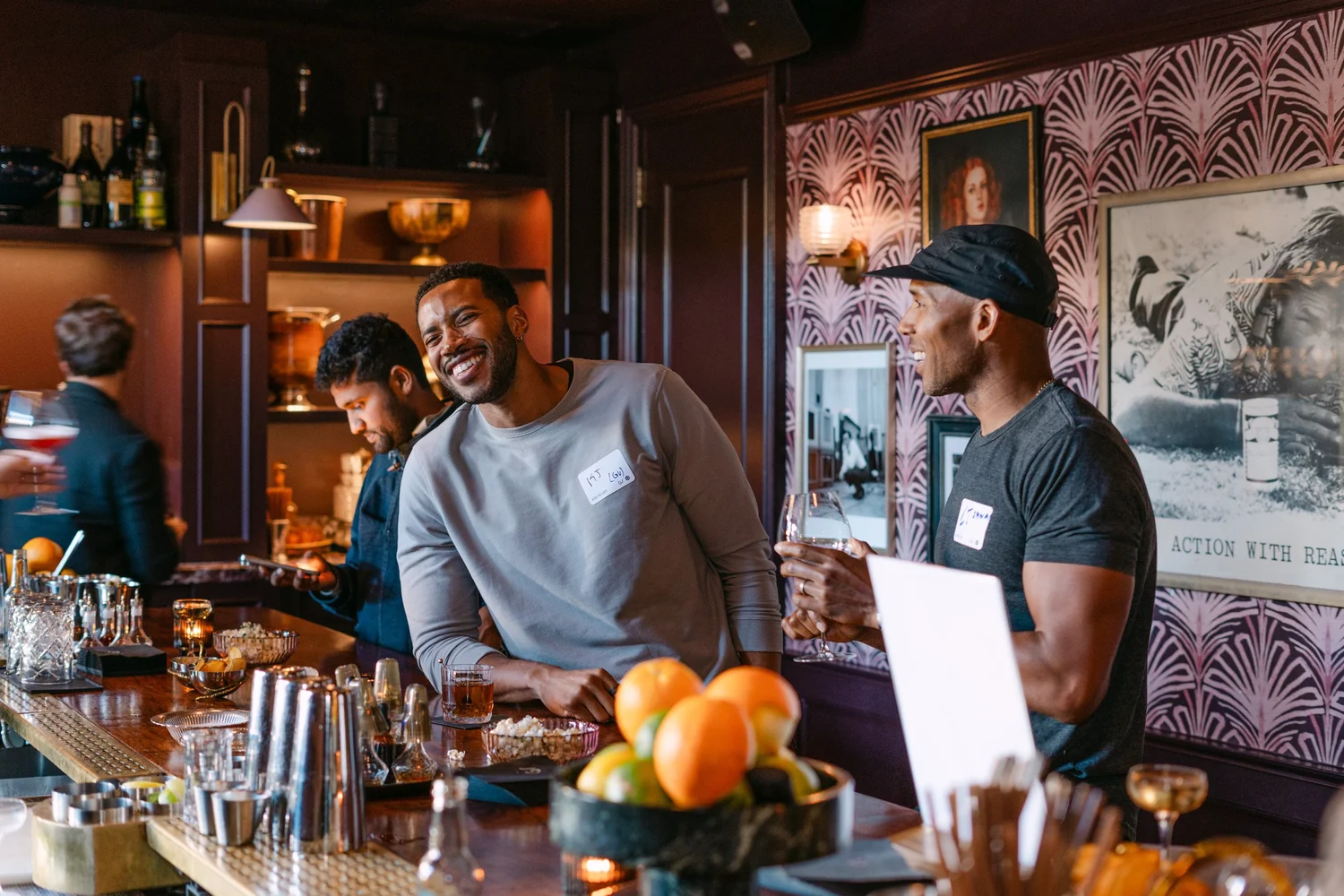 Guests enjoying drinks together at the Left Door bar