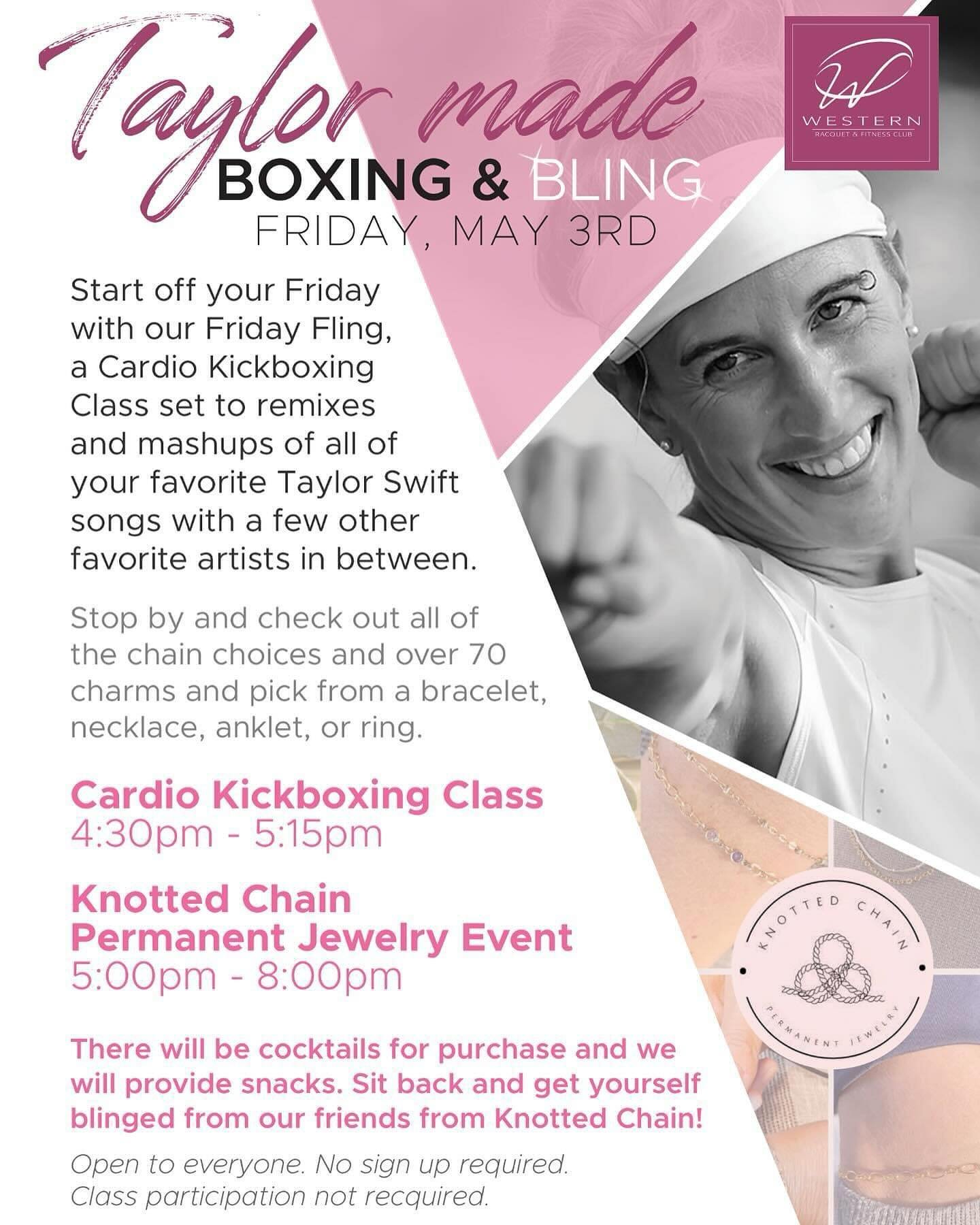 We are 8 days away!! Join @kariofitness for a Cardio Kickboxing class all set to Taylor Swift (and friends). Punch. Kick. Sing

Our friends at @knottedchain will be set up and ready to bling you out with permanent jewelry 💍 - check out their website