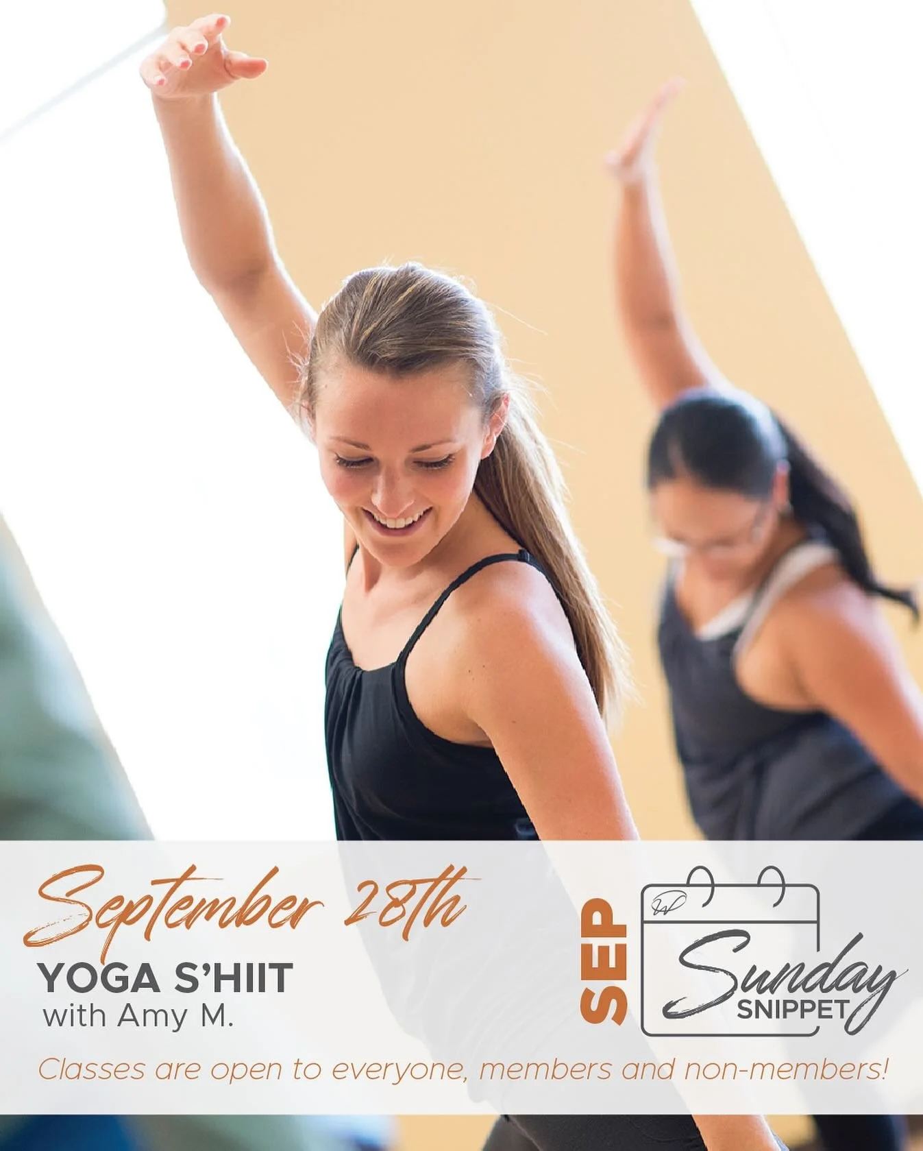 🌞 Sunday Snippet! 🌞
Tomorrow at 9:00am, join Amy M for Yoga SHIIT &mdash; a unique blend of strength, HIIT, and yoga-inspired movement. 🧘&zwj;♀️💪🔥 It&rsquo;s the perfect combo of sweat, stretch, and flow to kick off your Sunday feeling strong an