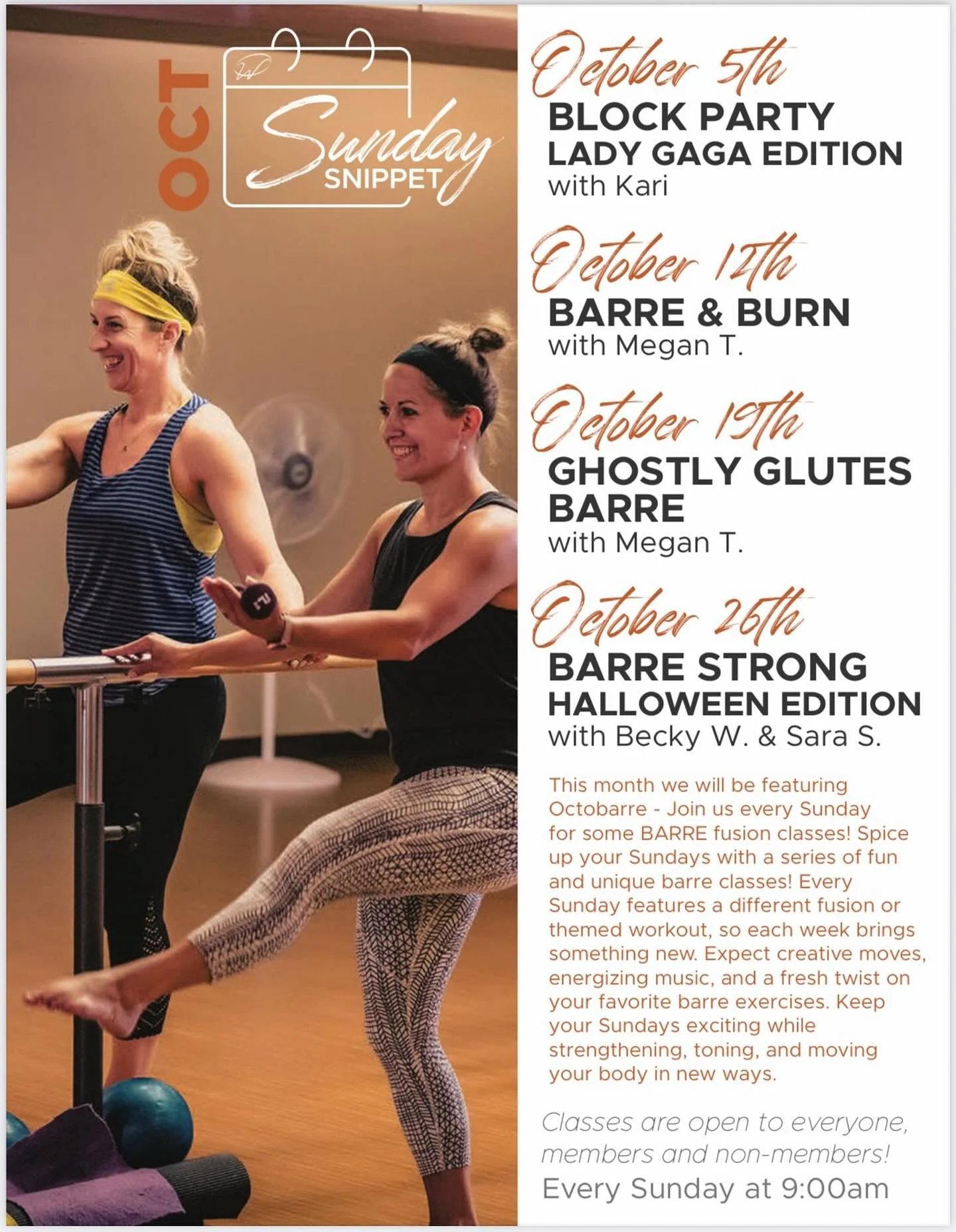 🍁👯&zwj;♀️ Say hello to Octobarre Sundays! 👯&zwj;♀️🍁

All October long, we&rsquo;re spicing up your Sundays with themed Barre fusion classes at 9:00am! Each week brings a fresh twist, fun music, and challenging moves to keep you feeling strong, en