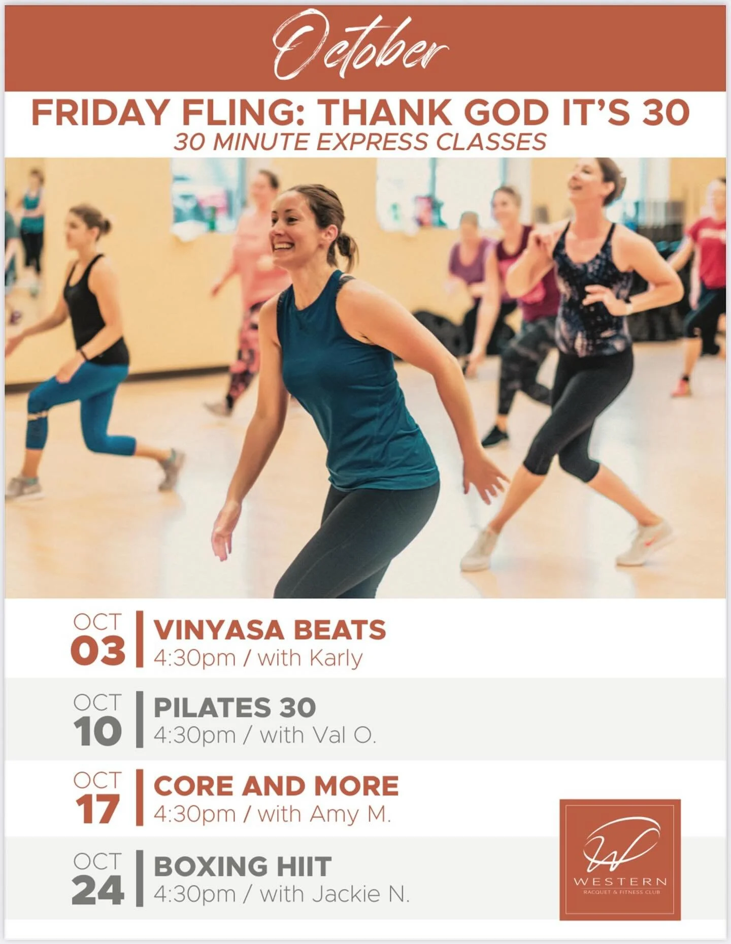 🍁 Fall into fitness this October with our TGI30 Friday Fling lineup! 🍁

These 30-minute express classes pack in all the energy, sweat, and fun you need to kick off your weekend strong. Think of it as the perfect fall treat&mdash;without the extra c