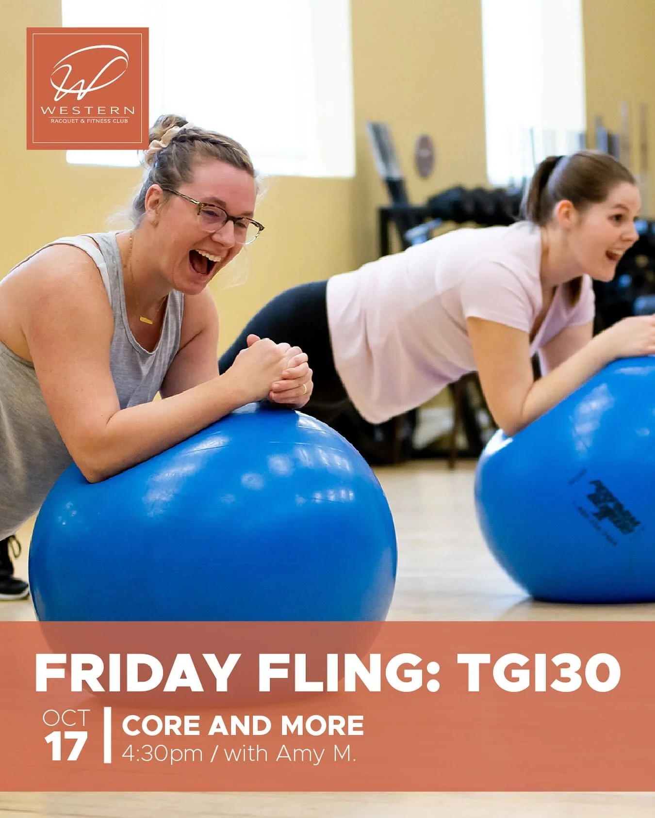 🔥 TGI30 Friday Fling! 🔥
Join us tomorrow at 4:30pm for Core &amp; More with Amy M! 💪

This 30-minute workout will fire up your core, boost your energy, and leave you feeling strong going into the weekend! No sign-up required &mdash; just show up a