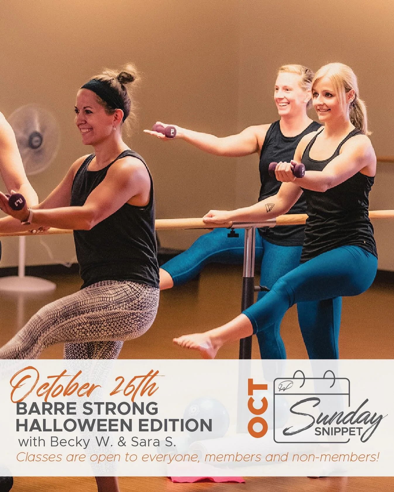 🎃 Sunday Snippet Alert! 🎃
Join Sara &amp; Becky W tomorrow for Barre Strong &mdash; the perfect mix of strength, balance, and burn to power up your Sunday! 💪✨

👻 Don&rsquo;t forget to come dressed in your Halloween costume for a chance to win an 