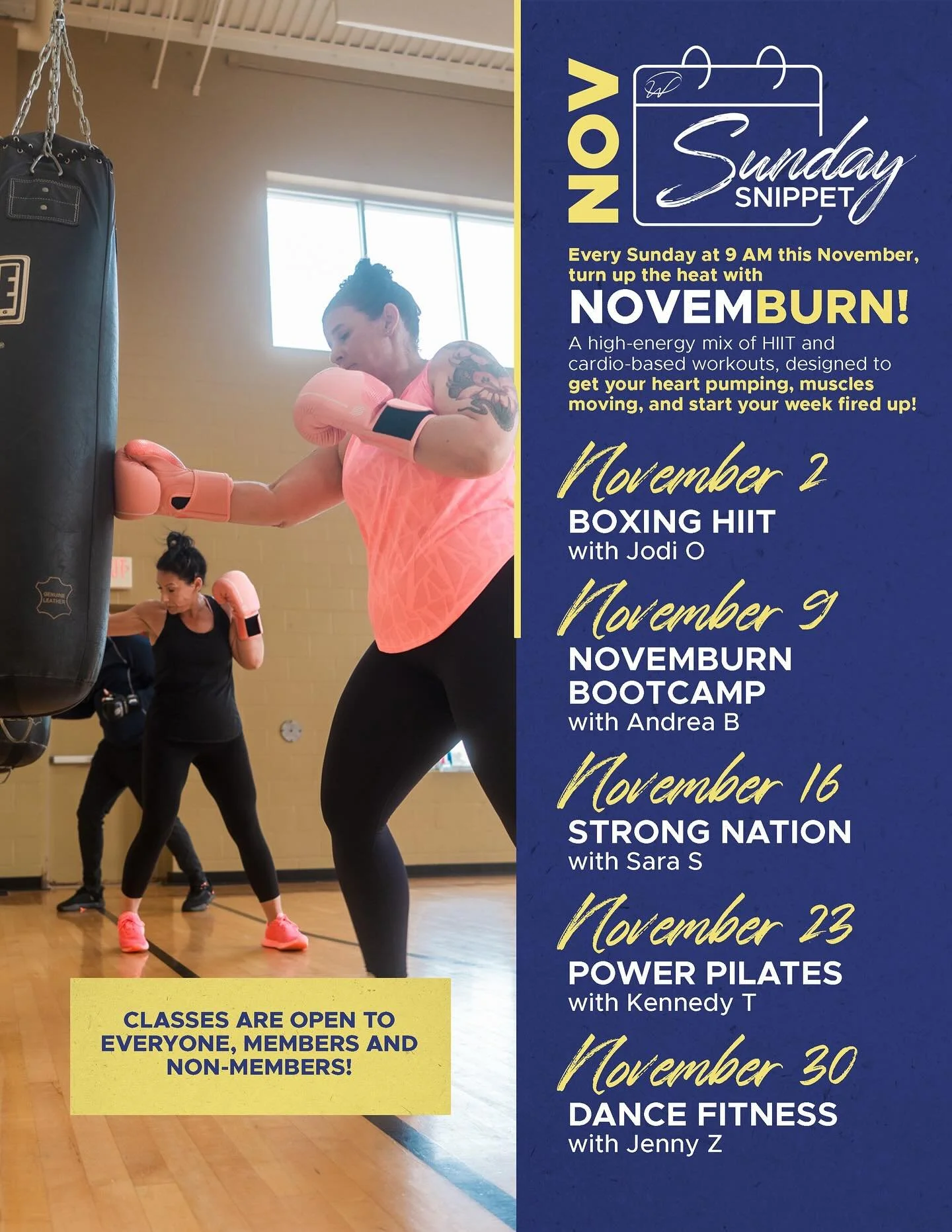 🔥 NOVEMBURN is HERE! 🔥

November Sunday Snippets = NovemBURN &mdash; a month of heart-pumping, sweat-dripping fun every Sunday at 9am! 💪

Each week features a different HIIT or cardio-based workout to kickstart your week with energy and good vibes