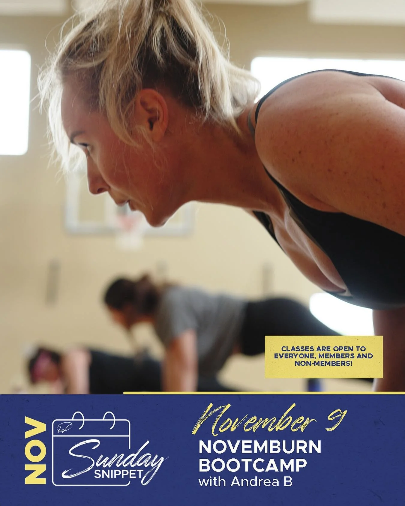 🔥 Sunday Snippet: NovemBURN Bootcamp!

Meet Andrea this Sunday at 9am for a heart-pumping NovemBURN Bootcamp! 💪
Get ready for a full-body workout that blends strength, cardio, and endurance to kickstart your week feeling strong and unstoppable.

No