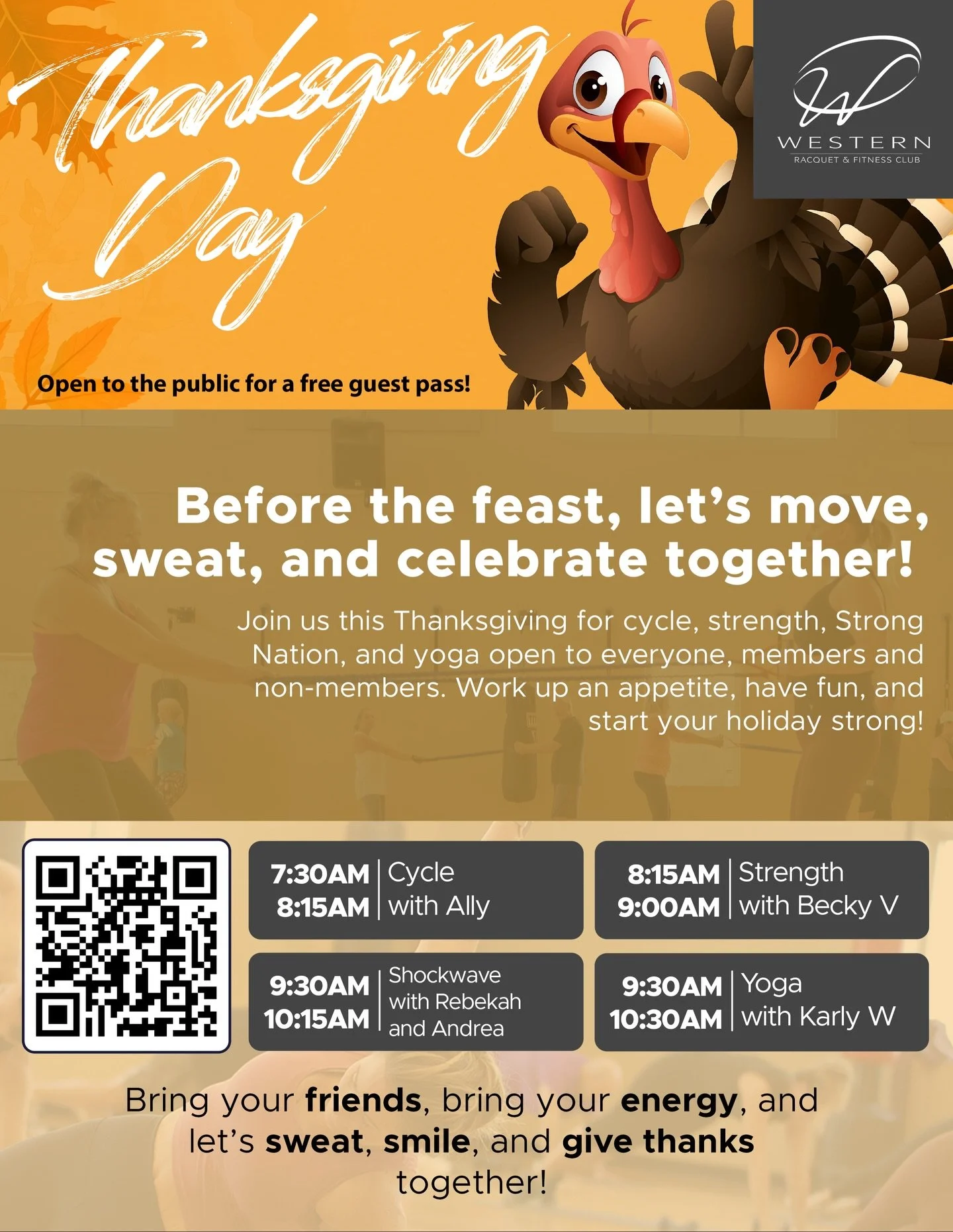 🦃 Get Your Gobble On! 🦃 Thanksgiving DAY

Before the feast, let&rsquo;s move, sweat, and celebrate together! 

Join us this Thanksgiving for cycle, strength, Strong Nation, and yoga &mdash; open to everyone, members and non-members. 

Work up an ap
