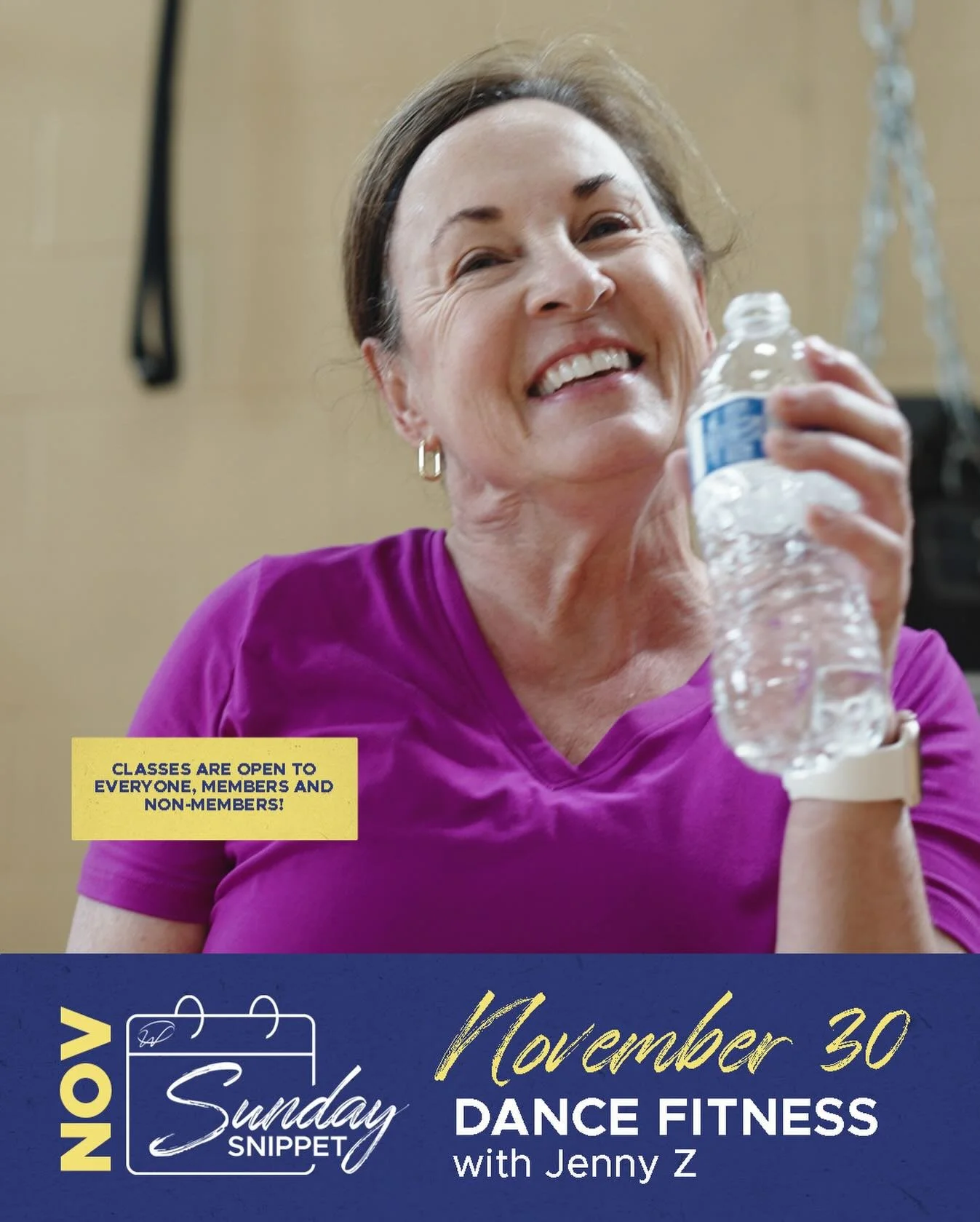 🔥 NovemBURN Sunday Snippet! 🔥
Kick off your Sunday with Jenny Z tomorrow at 9:00am in the Multipurpose Room for high-energy Dance Fitness! 💃✨

Members &amp; non-members are welcome &mdash; bring your friends and let&rsquo;s turn up the heat togeth