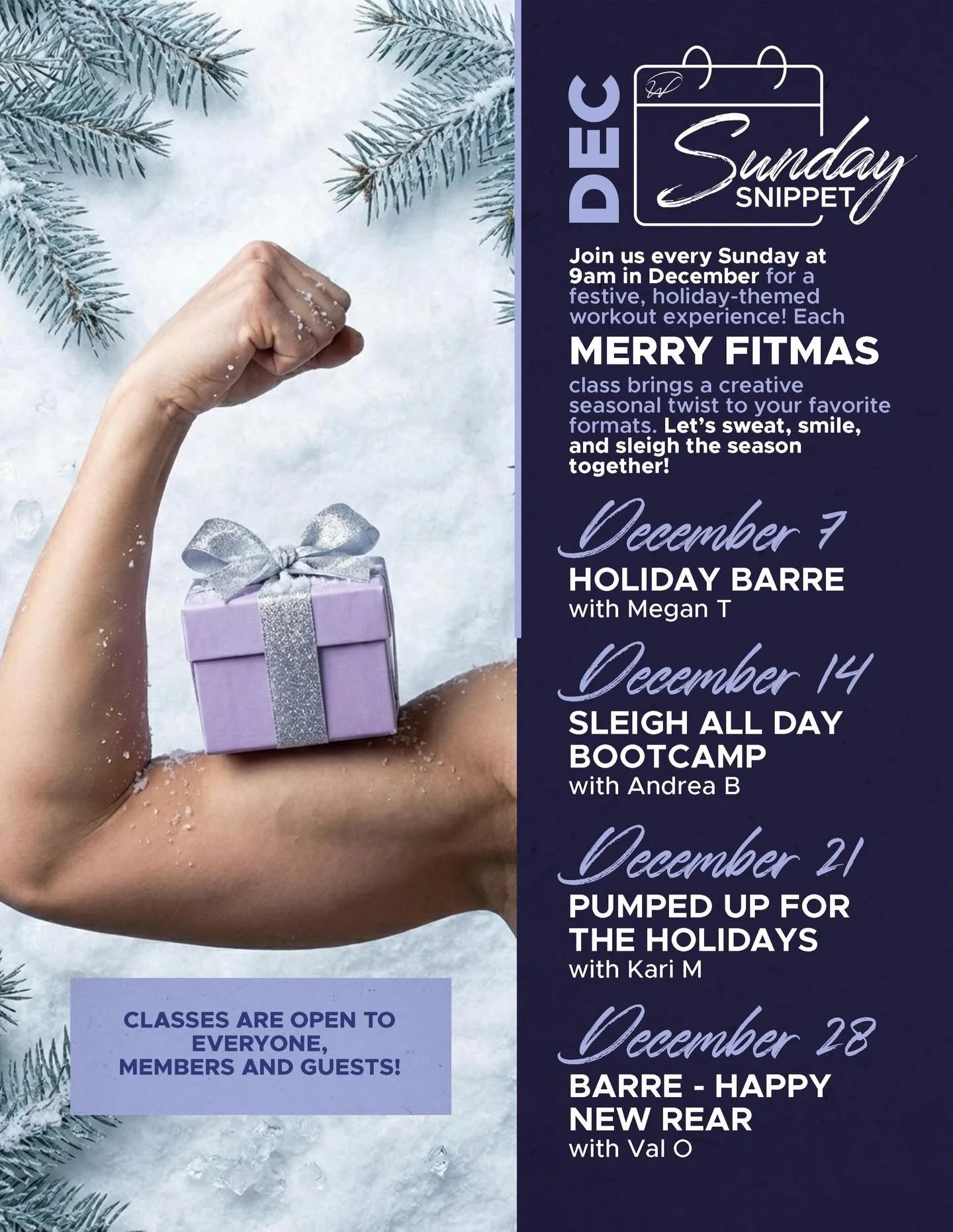 🎄 Merry FITmas Sunday Snippets! 🎄
Kick off your December Sundays with a fun, holiday-themed workout that brings all the festive energy! Each week features a new joyful twist to keep you moving, motivated, and in the spirit of the season.

Join us e