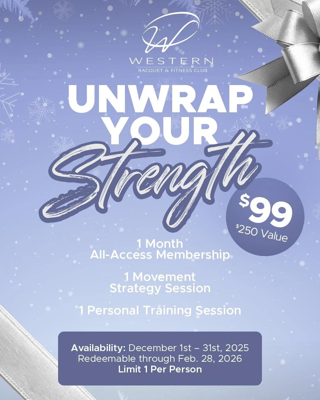 🎁 Unwrap Your Strength 💪

For just $99, get EVERYTHING you need to start 2026 feeling unstoppable:

&bull; 1-Month All-Access Membership
&bull; 1 Movement Strategy Session
&bull; 1 Personal Training Session 
(Total  slur of $275!)

Available Dec 1&