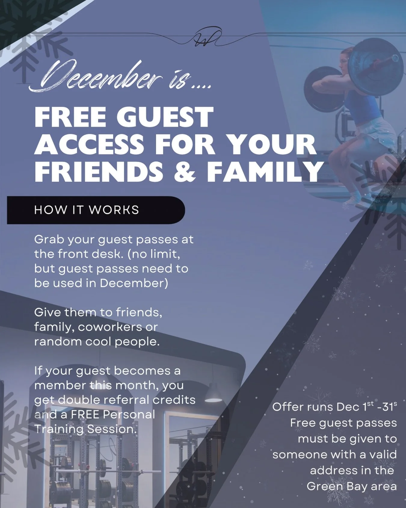 ✅ FREE guest passes for your friends &amp; family
✅ No limit (yes, really)
✅ Used anytime in December

Grab guest passes at the front desk, give them to your workout buddy, spouse, coworker, or that friend who always says &ldquo;I should really join 
