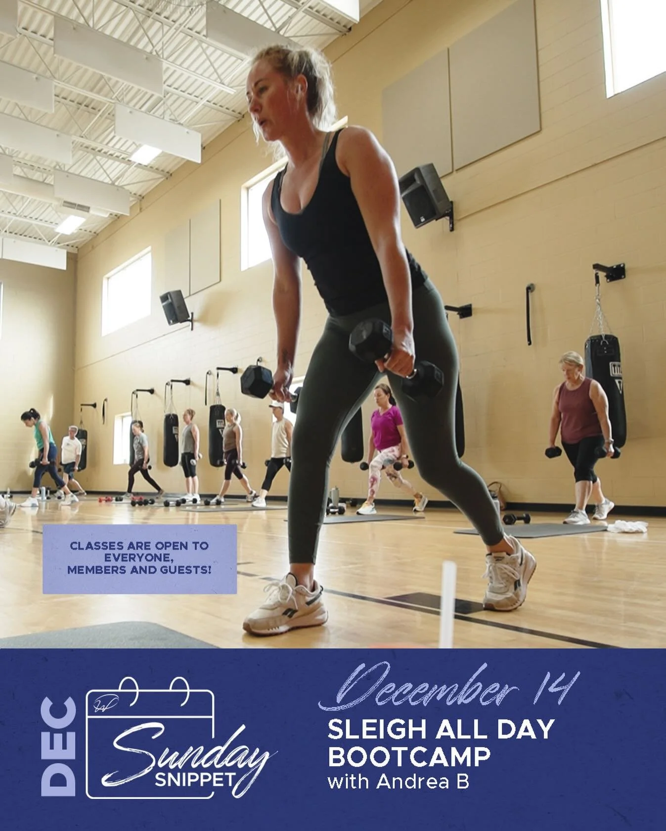 🎄 Sunday Snippet is back this Sunday at 9am with Andrea! 🎄
Join her for a Sleigh All Day Bootcamp &mdash; a fun, full-body holiday-themed workout that will challenge your strength, boost your energy, and keep you moving from start to finish. Expect