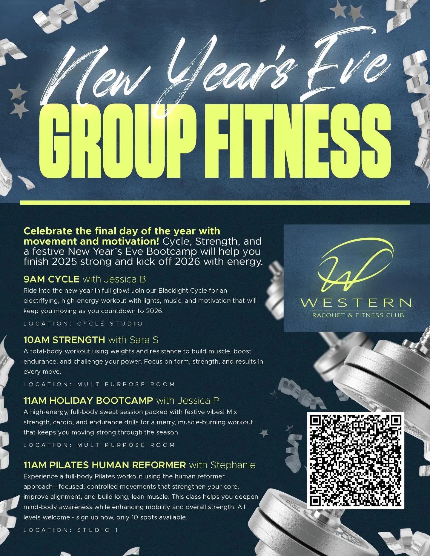 🎉💪 New Year&rsquo;s Eve Group Fitness Lineup! 💪🎉

Ring out 2025 and sweat into 2026 with us!

🕘 9:00 AM &ndash; Cycle with Jessica B
🕙 10:00 AM &ndash; Strength with Sara S
🕚 11:00 AM &ndash; Holiday Bootcamp with Jessica P
🕚 11:00 AM &ndash;