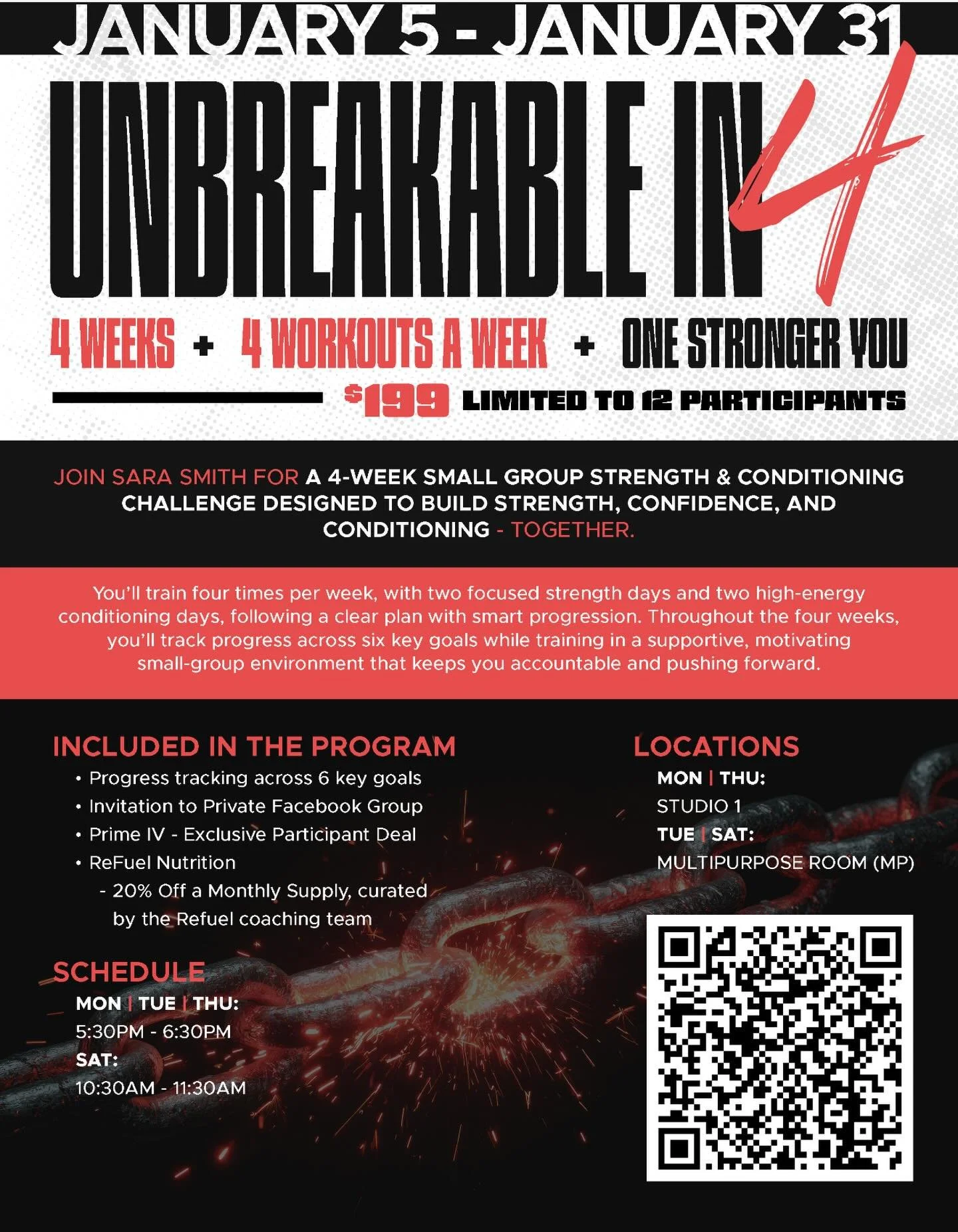 Start your 2026 COMMITTED and supported with this 4 week &lsquo;UNBREAKABLE IN 4&rsquo; small group training program 

Join Sara for 4 weeks in this small group training program working on strength and conditioning goals throughout the week

💫 Faceb