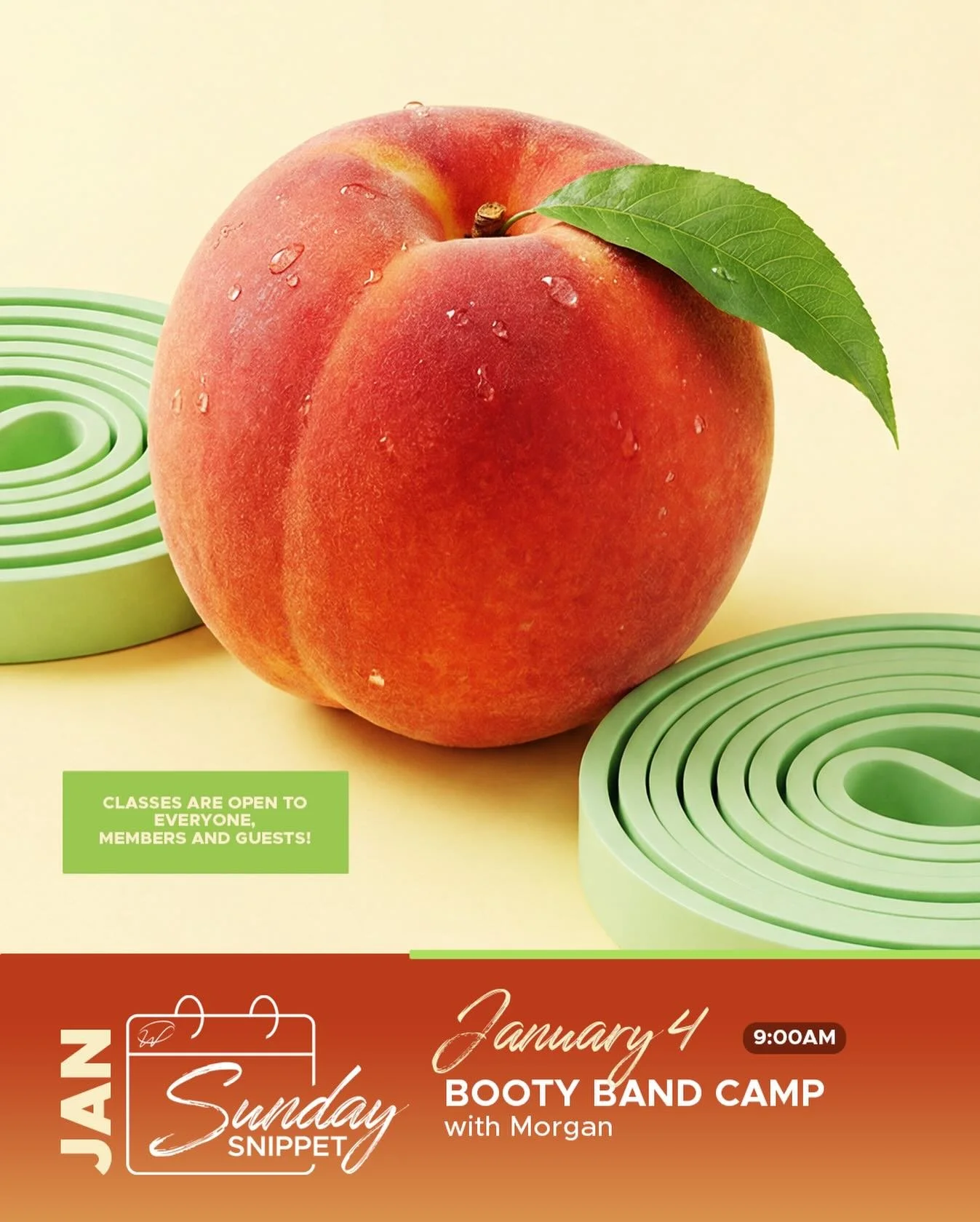 🍑✨ Sunday Snippet: Happy New Rear! ✨🍑

Booty Band Camp is in session with Morgan this Sunday at 9AM in the Multipurpose Room! 🔥
Get ready to activate and have some serious fun as we kick off the new year feeling strong and spicy! 

✨ Members &amp;