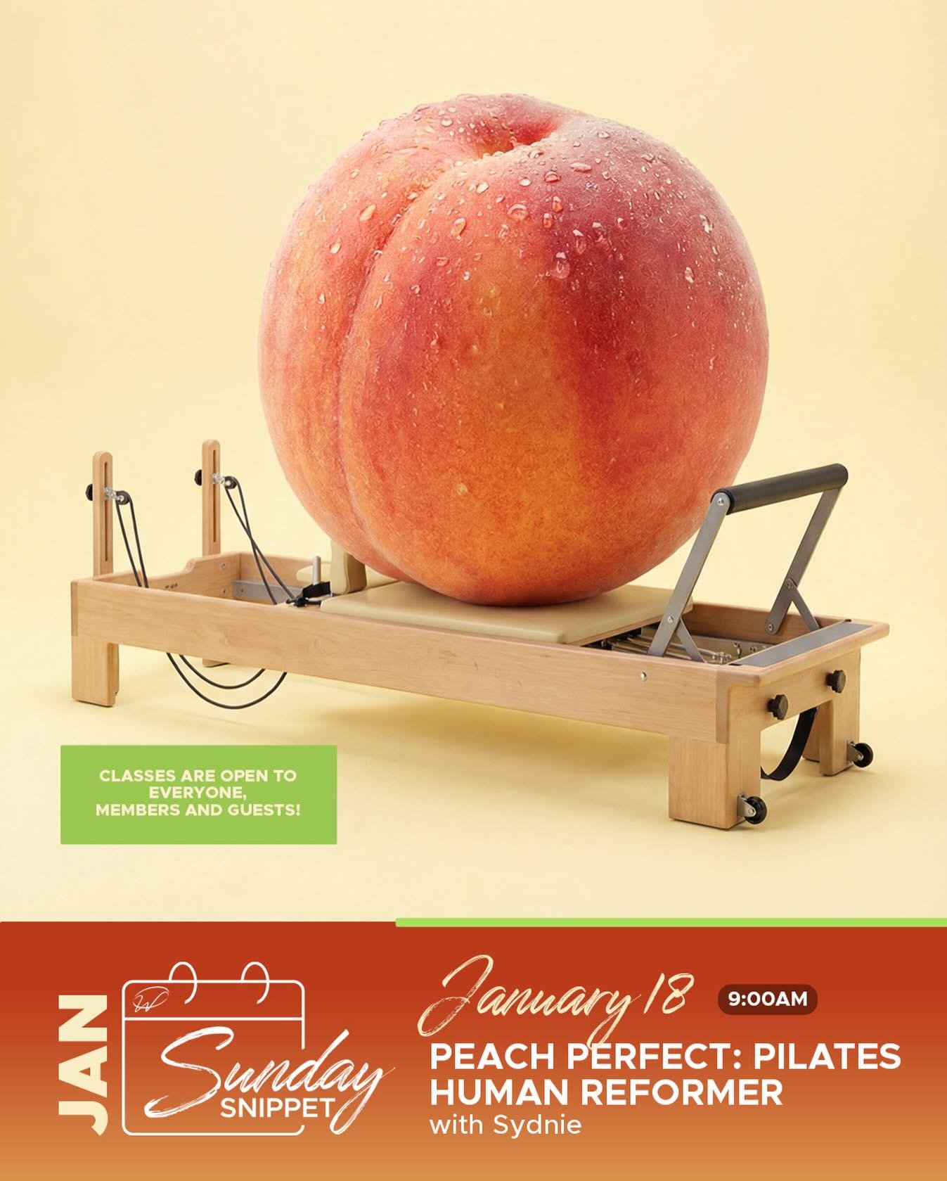 🍑 PEACH PERFECT SUNDAY SNIPPET 🍑
This weekend = DOUBLE THE FUN ✨

Join Sydnie for Peach Perfect Pilates on the Human Reformer 💪
🔥 Glutes on fire
✨ Core sculpted
🍑 Peach activated

🕗 8:00 AM
🕘 9:00 AM

Two class times so you don&rsquo;t miss ou