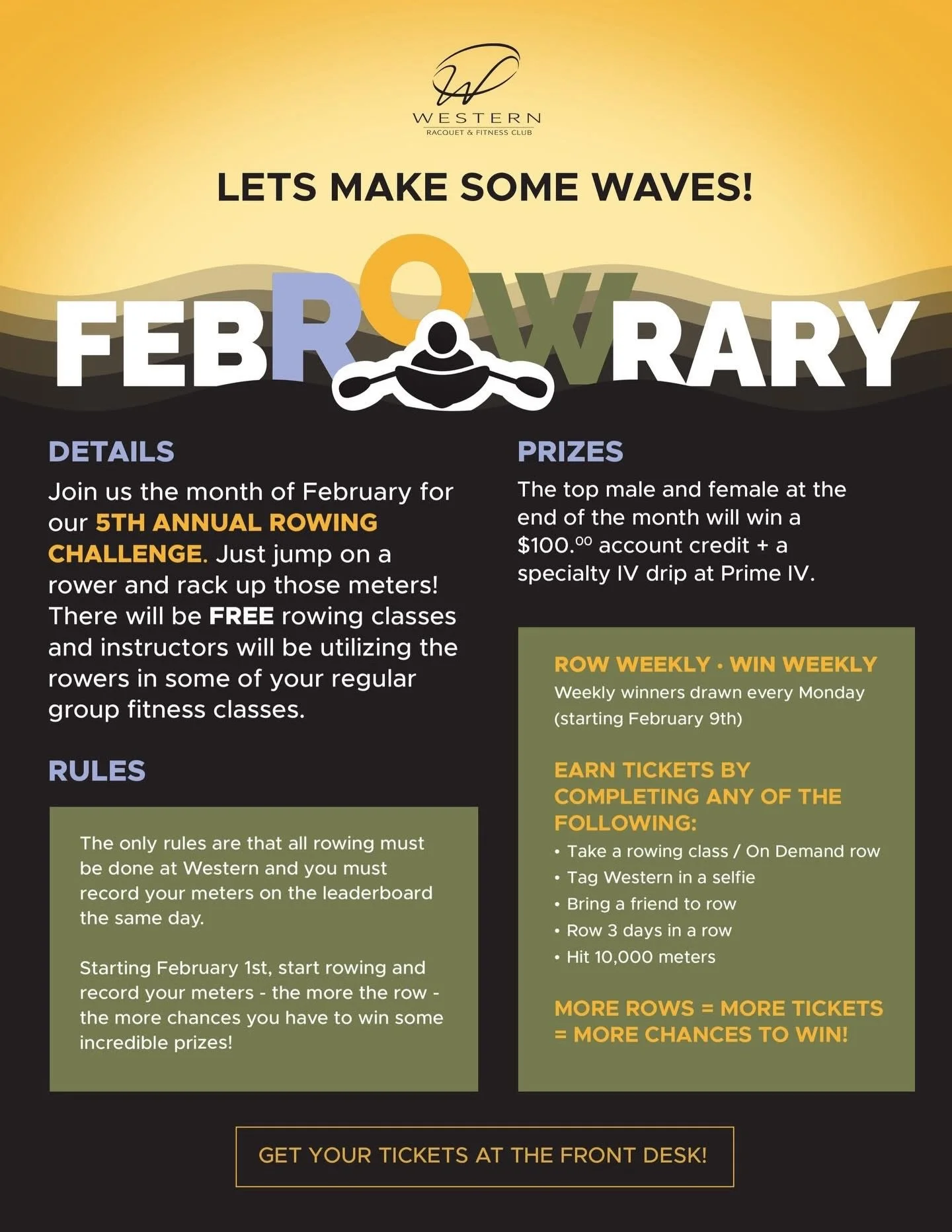 🚣&zwj;♂️🌊 LET&rsquo;S MAKE SOME WAVES, WESTERN. 🌊🚣&zwj;♀️

February is officially ROW-mazing because our 5th Annual Rowing Challenge is back!

Here&rsquo;s how it works 👇
🔥 Jump on a rower
🔥 Track your meters
🔥 Earn tickets
🔥 Win BIG

✨ Why 