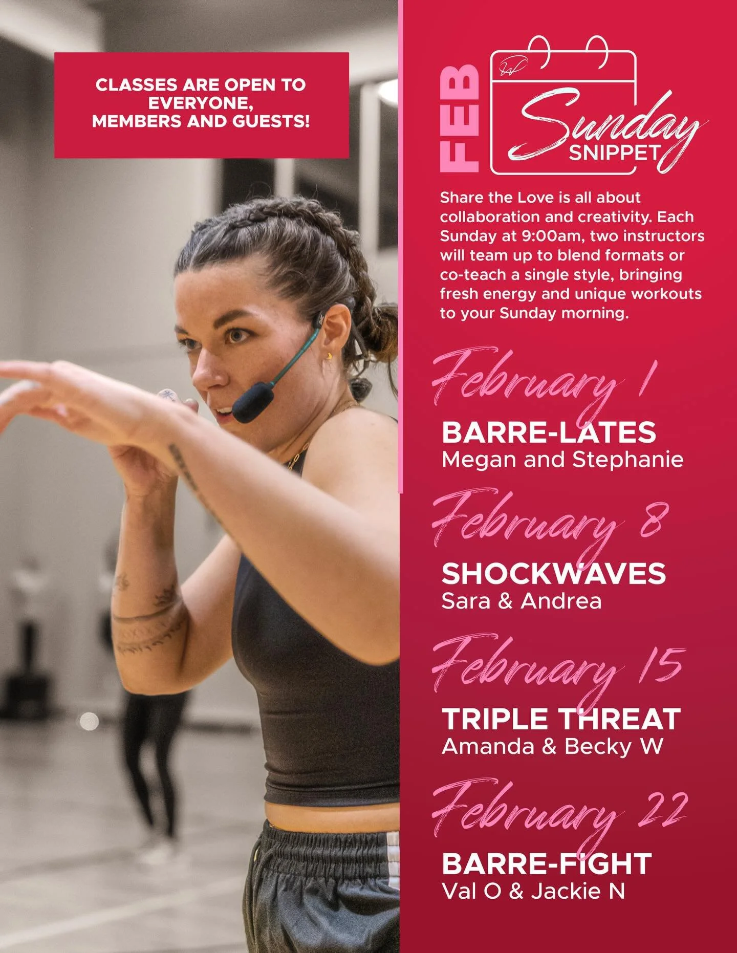 February Sunday Snippets 💗

February = Sharing the Love &mdash; and we&rsquo;re turning Sundays into a party!
Join us every Sunday at 9am for dynamic duo workouts led by TWO instructors every week.

Some Sundays they&rsquo;ll join forces to crush on