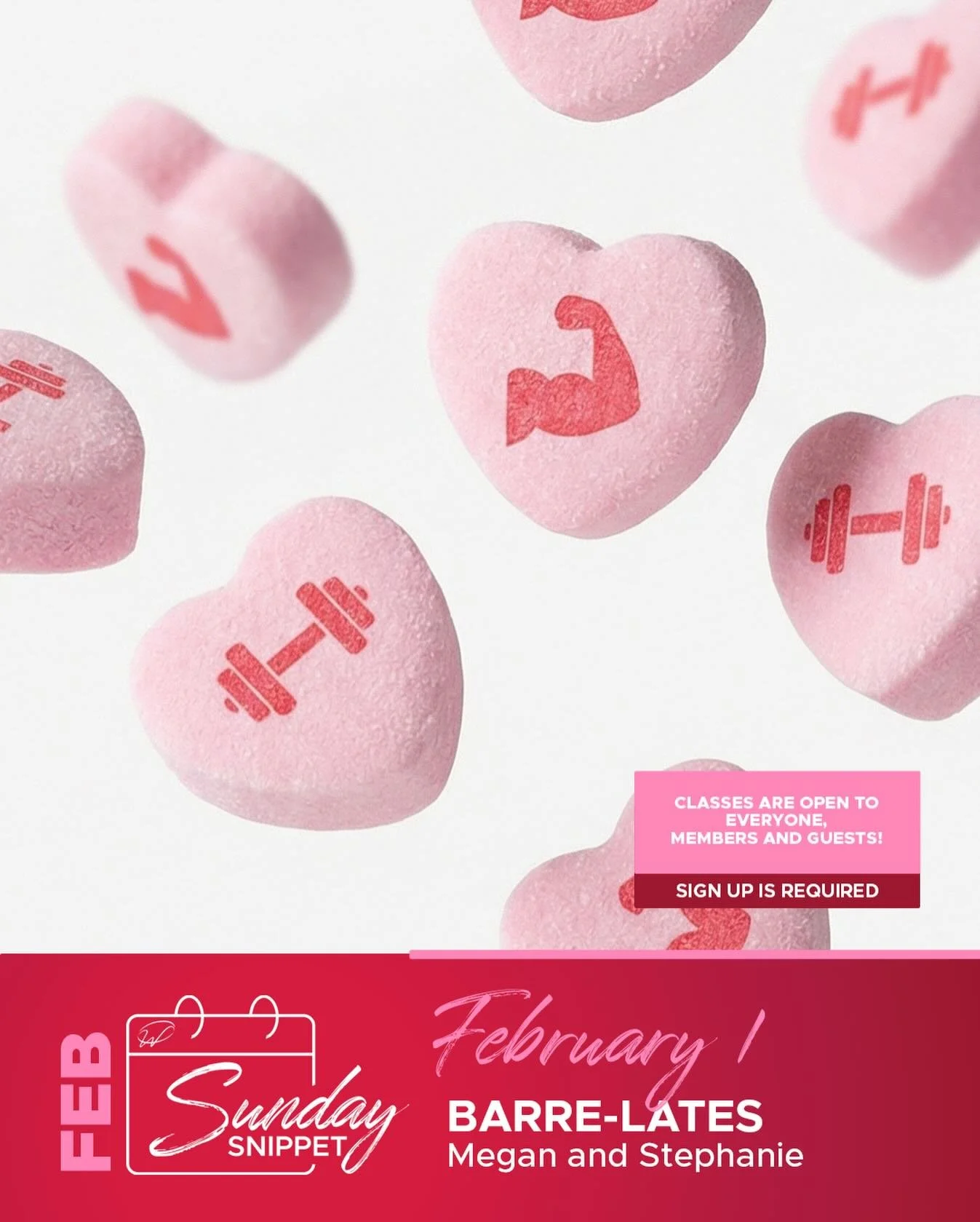 💖 February Share the Love: Sunday Snippets 💖
We&rsquo;re kicking things off TOMORROW morning with Barre-lates led by Stephanie &amp; Megan ✨
A little barre, a little Pilates, a lot of burn 🔥

🗓 Sunday
⏰ 9:00am
📍 Multi-Purpose Room

Open to membe
