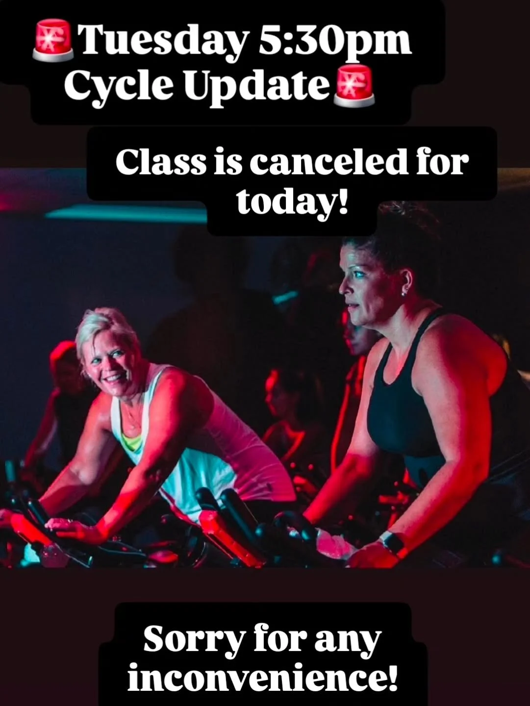 🚨Tonight's 5:30pm Cycle class is canceled! Sorry for any inconvenience, folks! We'll be back in the saddle at our regularly scheduled Tuesday night class next week!