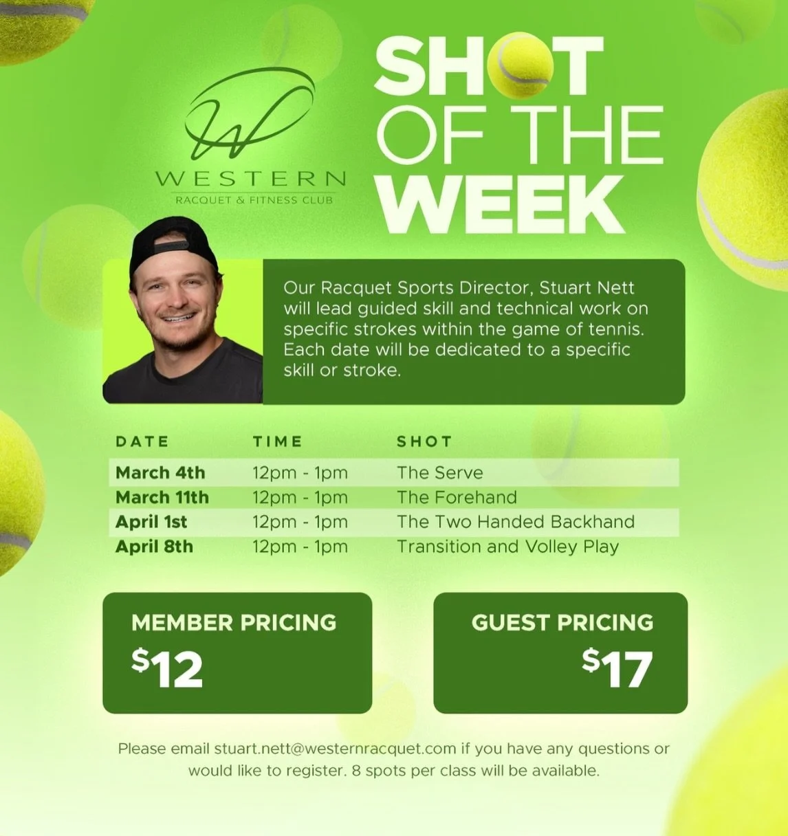 🎾 SHOT OF THE WEEK is BACK 🔥

Want cleaner technique, more power, and confidence you can actually feel on court? This is where it happens.

Join Racquet Sports Director Stuart Nett for focused, small-group sessions designed to sharpen ONE key skill