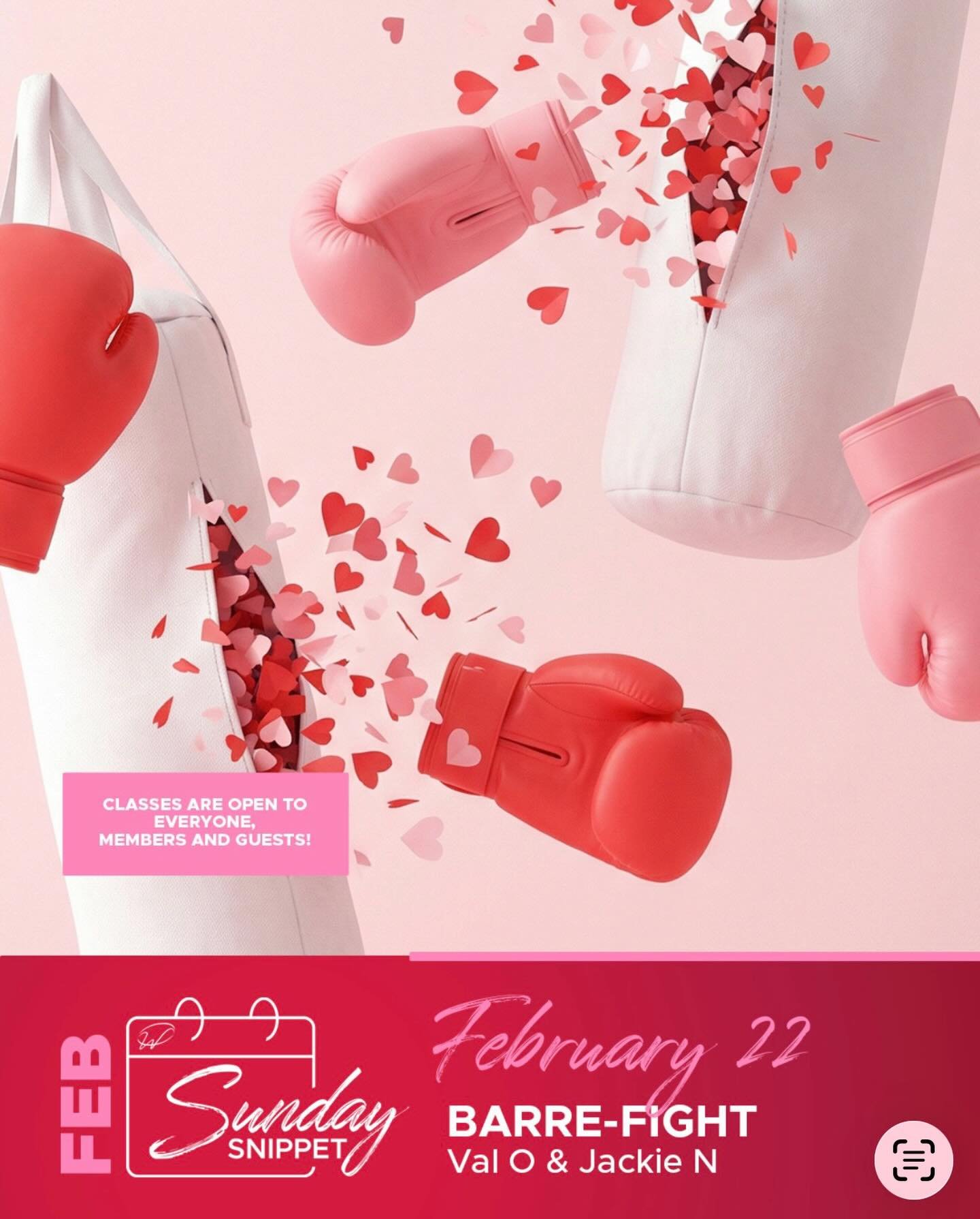 Your last SHARE THE LOVE Sunday Snippet is BARRE FIGHT with Jackie and Val. 

Cardio Kickboxing + Barre on 🔁 

Class will be at 9am in the MultiPurpose room