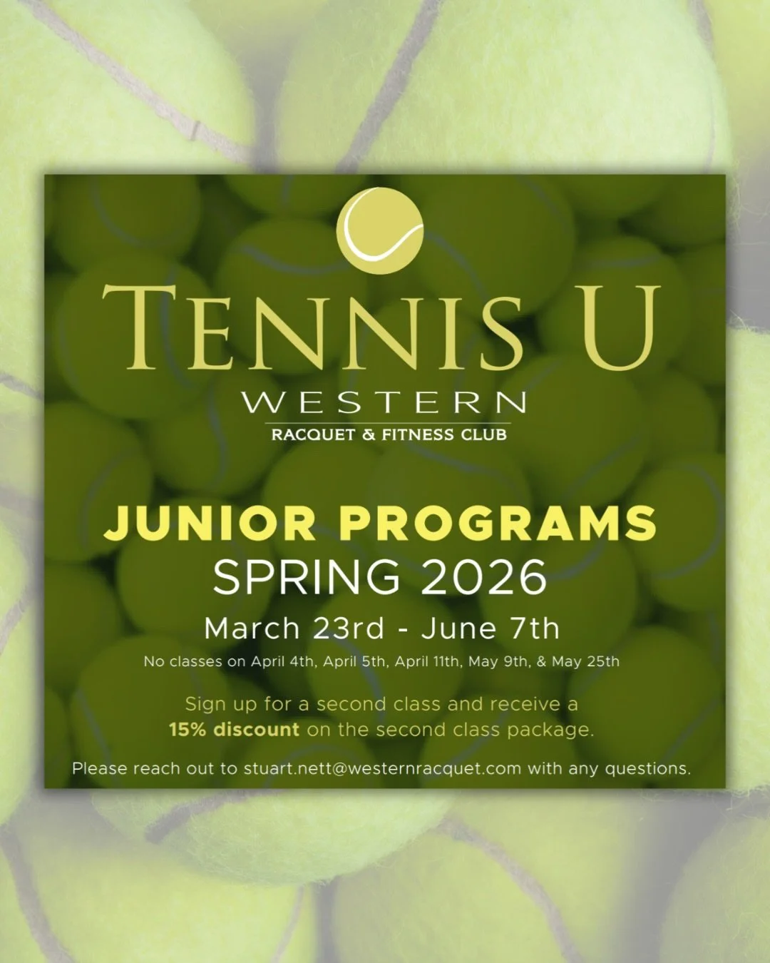 Comment &ldquo;TENNISU&rdquo; to learn more! 

Whether you&rsquo;re a tiny tot or ready for high performance training, we have a spot for you. 🎾💥

Ages 2.5 - 18 | your next training block starts now! 

📍Western Racquet &amp; Fitness Club
📍Four Se