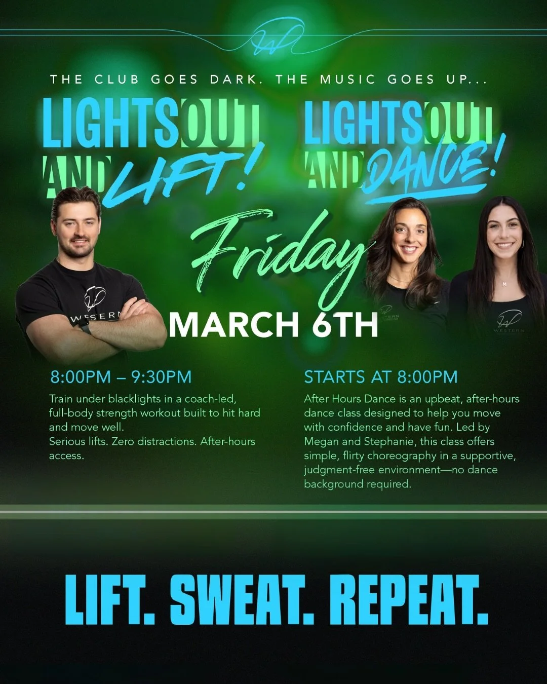 Lights Out Lift and Lights Out &amp; Dance on Friday, March 6th! 

Lights Out Lift is a one-night-only after-hours training session where you&rsquo;ll take on a coach-led, full-body strength workout under blacklights in the Strength Studio. 

Not int