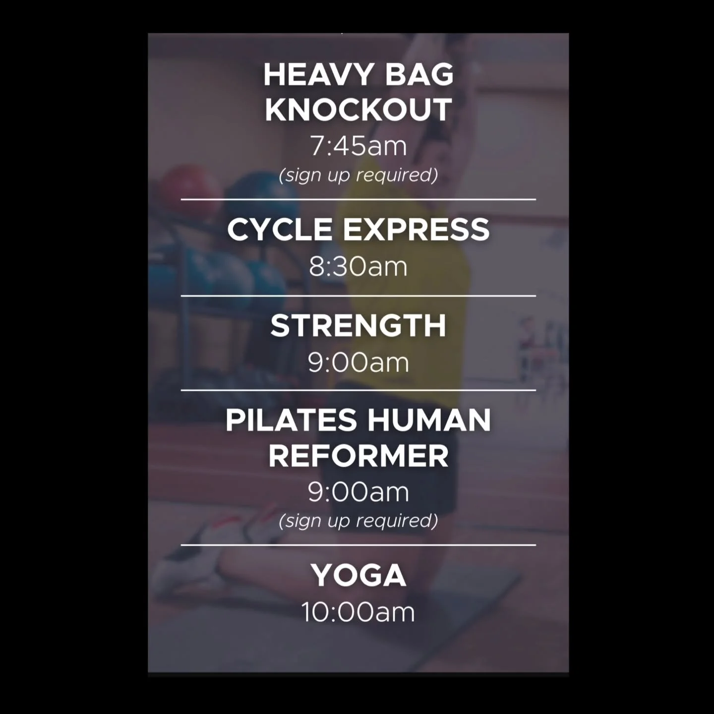 😎It's here!! It's the weekend at Western Racquet!
Here comes Saturday's line up for Group Fitness!

@becky_vance starts the party 🎉 with Heavy Bag 🥊Knockout and Row at 7:45am (class is full, but join the waitlist for a chance to punch and get some