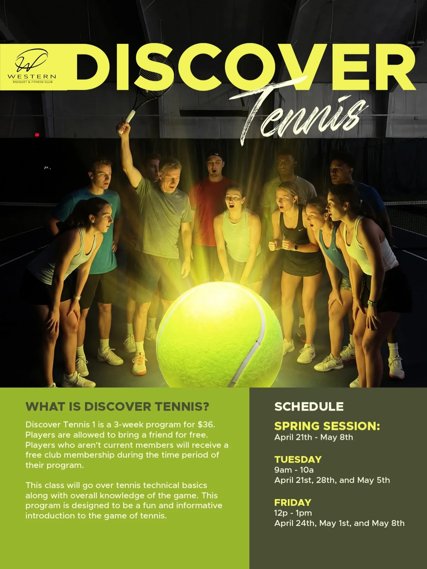 Your sign to finally try tennis 🎾

3 weeks. $36.
Free friend. Free membership. Zero excuses.

Discover Tennis 1 = fun, fundamentals, and a fresh new skill.

📅 April 21 &ndash; May 8
Tuesdays 9a | Fridays 12p

Comment &ldquo;DISCOVER&rdquo; and let&