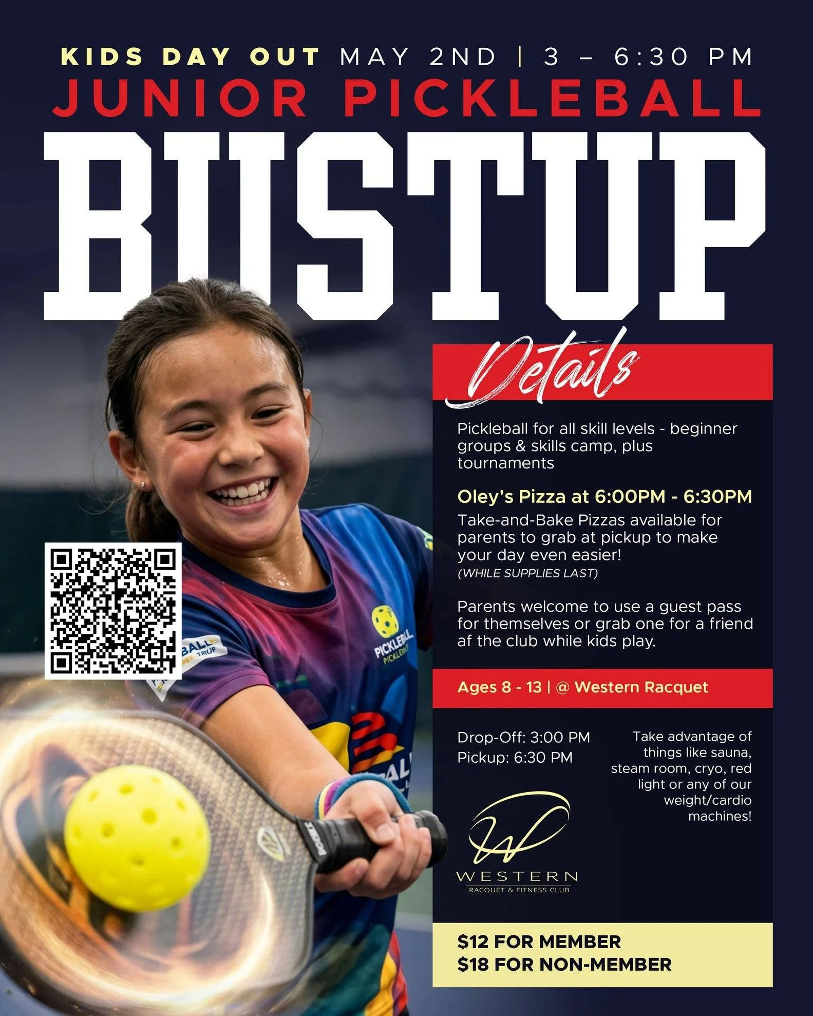 🔥 KIDS DAY OUT = TOTAL BUSTUP 🔥

Junior Pickleball is going OFF 🎾
Games. Skills. Tournaments. Energy for days.

📅 May 2nd
⏰ 3:00 &ndash; 6:30 PM
👧 Ages 8&ndash;13

💥 Beginner to advanced &mdash; everyone gets in the mix
🍕 Oley&rsquo;s Pizza at