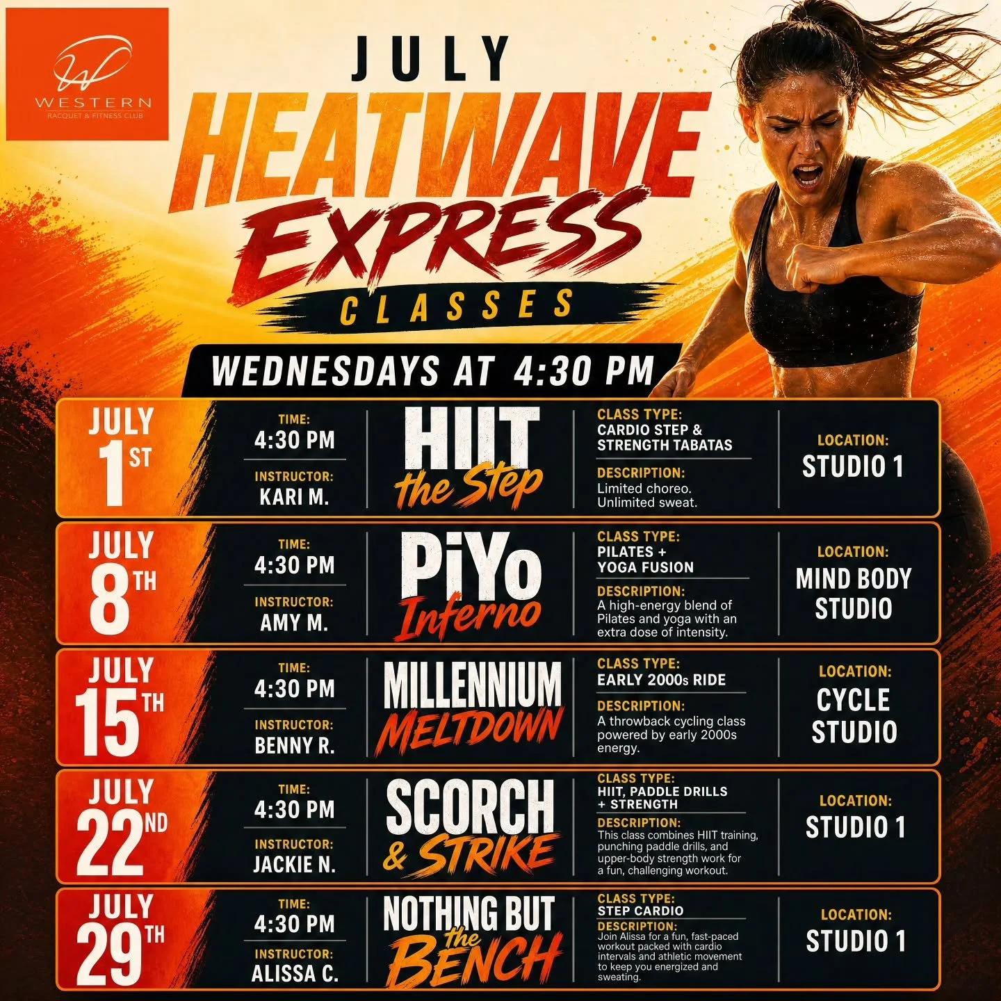 🔥The July Heatwave Express Classes are LIVE!
Need a quick burst of energy in your week?

Join us Wednesdays at 4:30PM all summer long for our 30-minute Heatwave Express Classes!
⏰️Short on time? 
No problem. 
These fast-paced, high-energy workouts a
