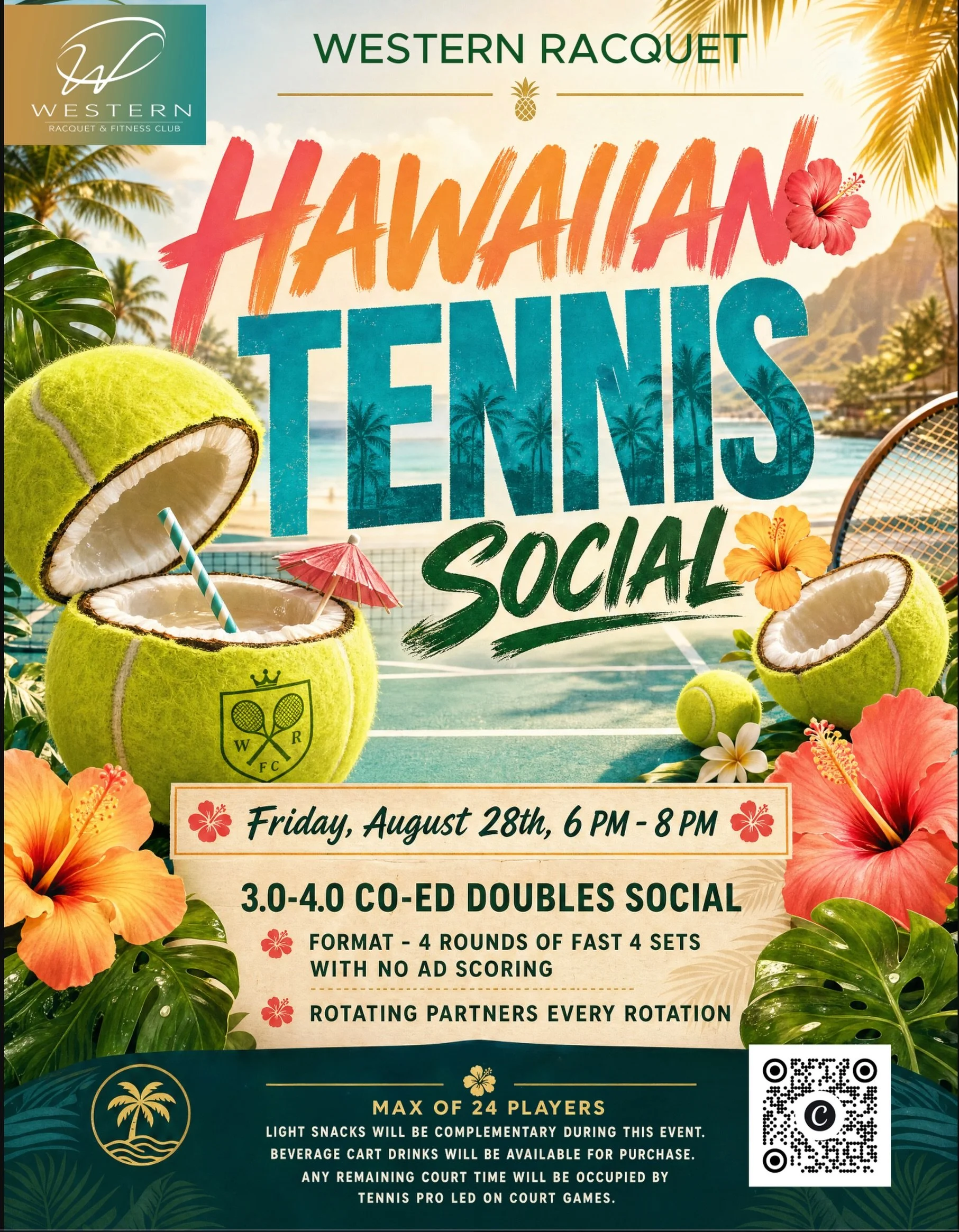 Serve up some tropical fun at our 3.0&ndash;4.0 Co-Ed Doubles Social! 🎾🌺 4 Fast4 rounds, rotating partners, snacks, and pro-led games. Comment &lsquo;Hawaiian Night&rsquo; for all the details! 🍹✨

#greenbay #tennis #localevent #westernracquet #fit