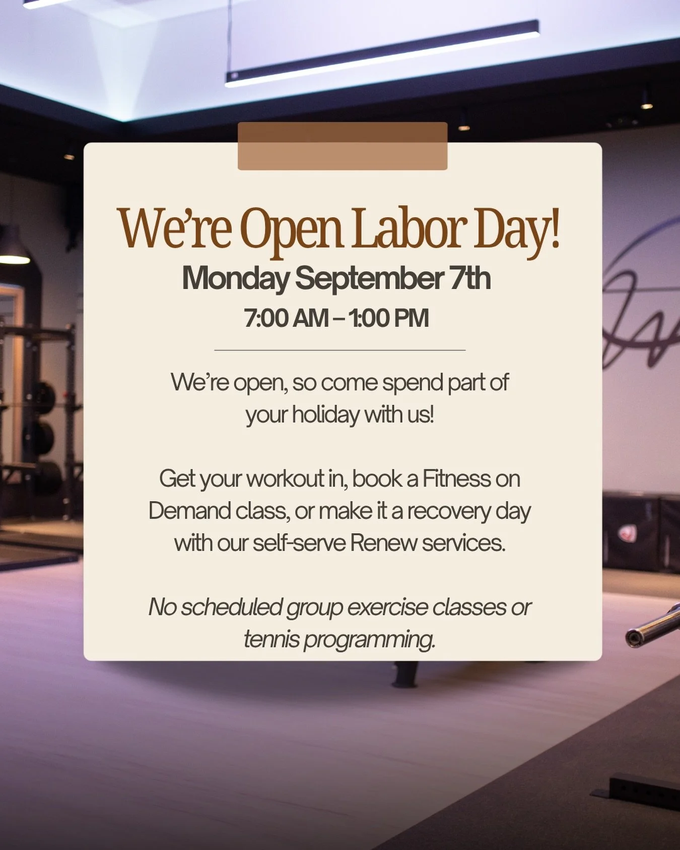 Holiday workout plans? We&rsquo;ve got you covered. Western Racquet &amp; Fitness will be open next Monday, September 7th from 7:00 AM to 1:00 PM!

#greenbay #fitness #westernracquet #holidayhours #laborday