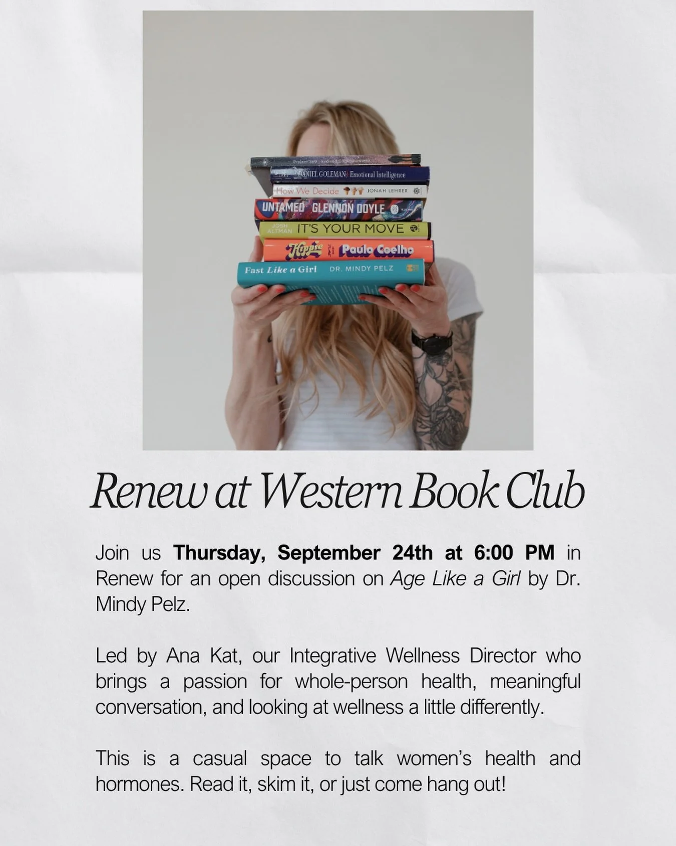 Save the date for book club in Renew! ✨📚

We&rsquo;re getting together to talk health, hormones, mental clarity, and aging well based on Dr. Mindy Pelz&rsquo;s Age Like a Girl. 

Ana Kat, our Integrative Wellness Director, will be leading the conver