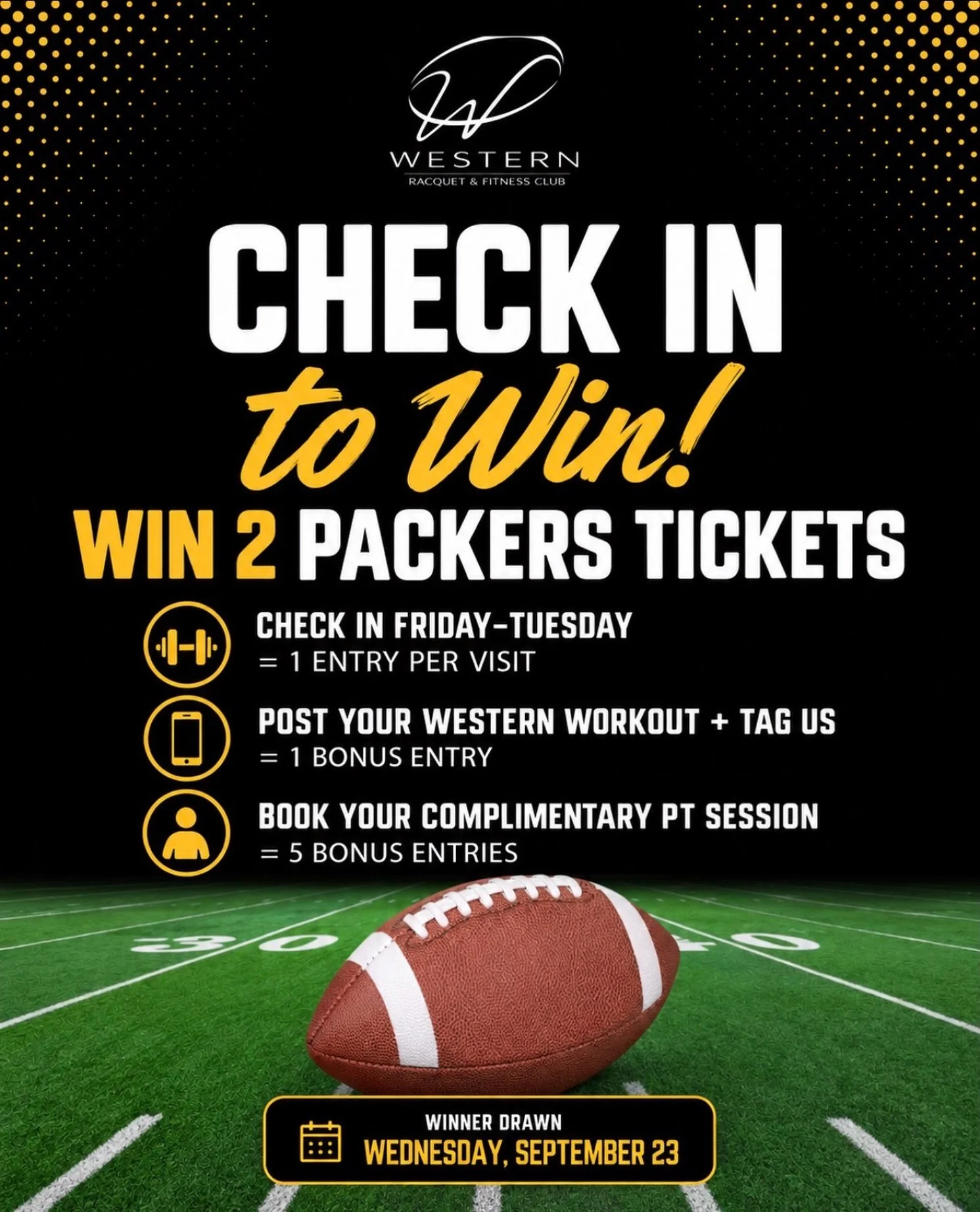 A pretty good week to be at Western&hellip; 👀🏈

We&rsquo;re giving away TWO TICKETS to the Packers home opener on Thursday, September 24th!

Here&rsquo;s how to enter starting tomorrow (Friday through Tuesday):

🏈 Check in at Western = 1 Entry (Co
