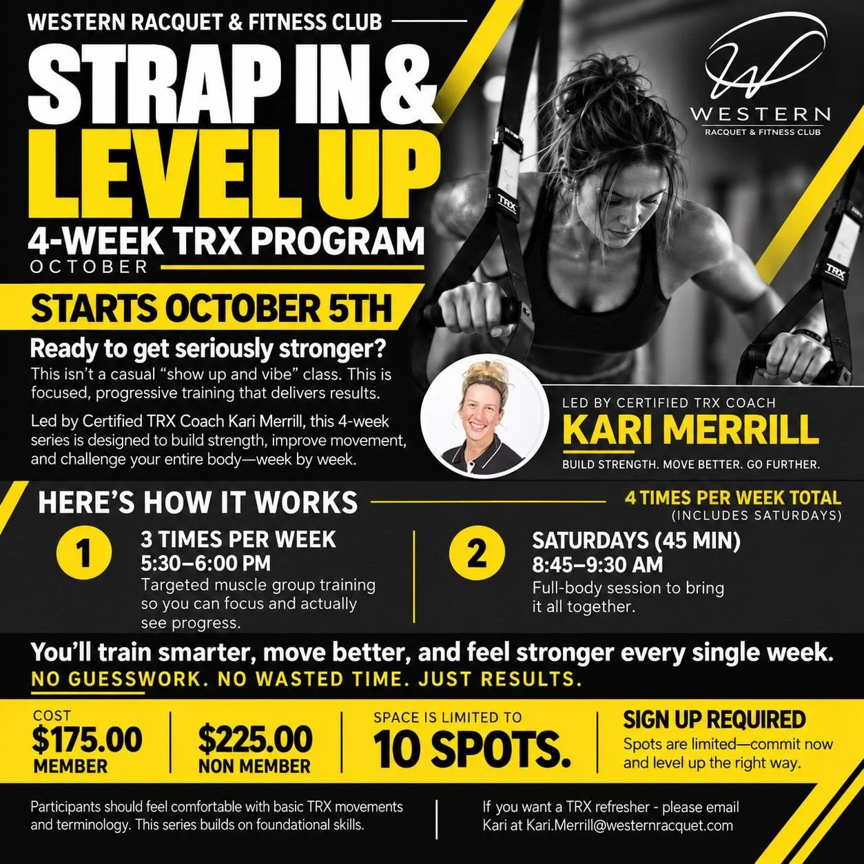 It&rsquo;s BAAAAAAAACK

Strap In &amp; LEVEL UP

4-WEEK TRX PROGRAM (OCTOBER)

Ready to get seriously stronger? This focused, progressive training delivers results.

Led by Certified TRX Coach Kari Merrill, this 4-week series is designed to build str