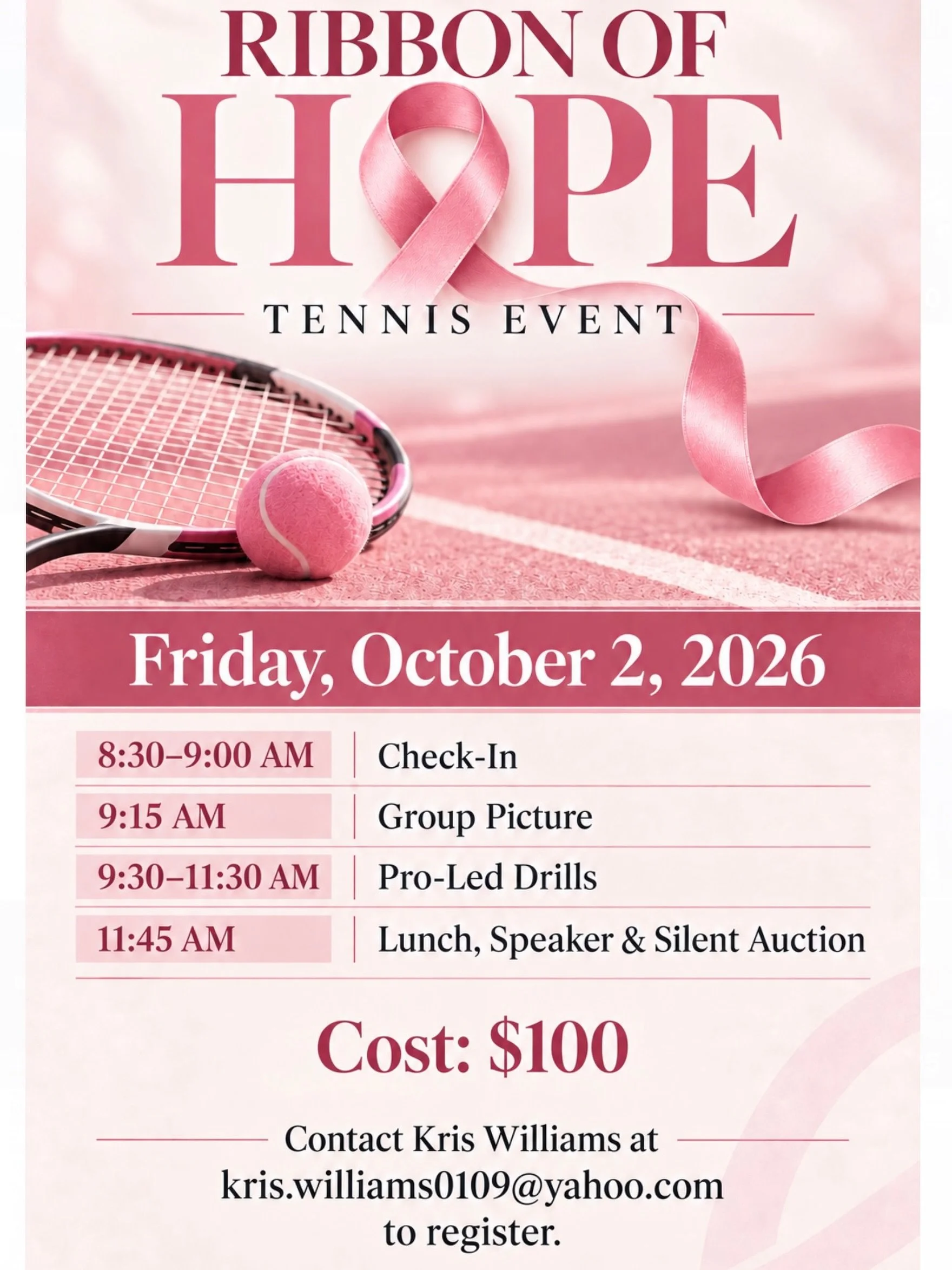 Join us for the Ribbon of Hope Tennis Event 🎀🎾

A morning of tennis, community, and coming together for a meaningful cause. The event is this Friday, October 2nd see the details to register!

#greenbay #tennis #event #ribbonofhope #westernracquet