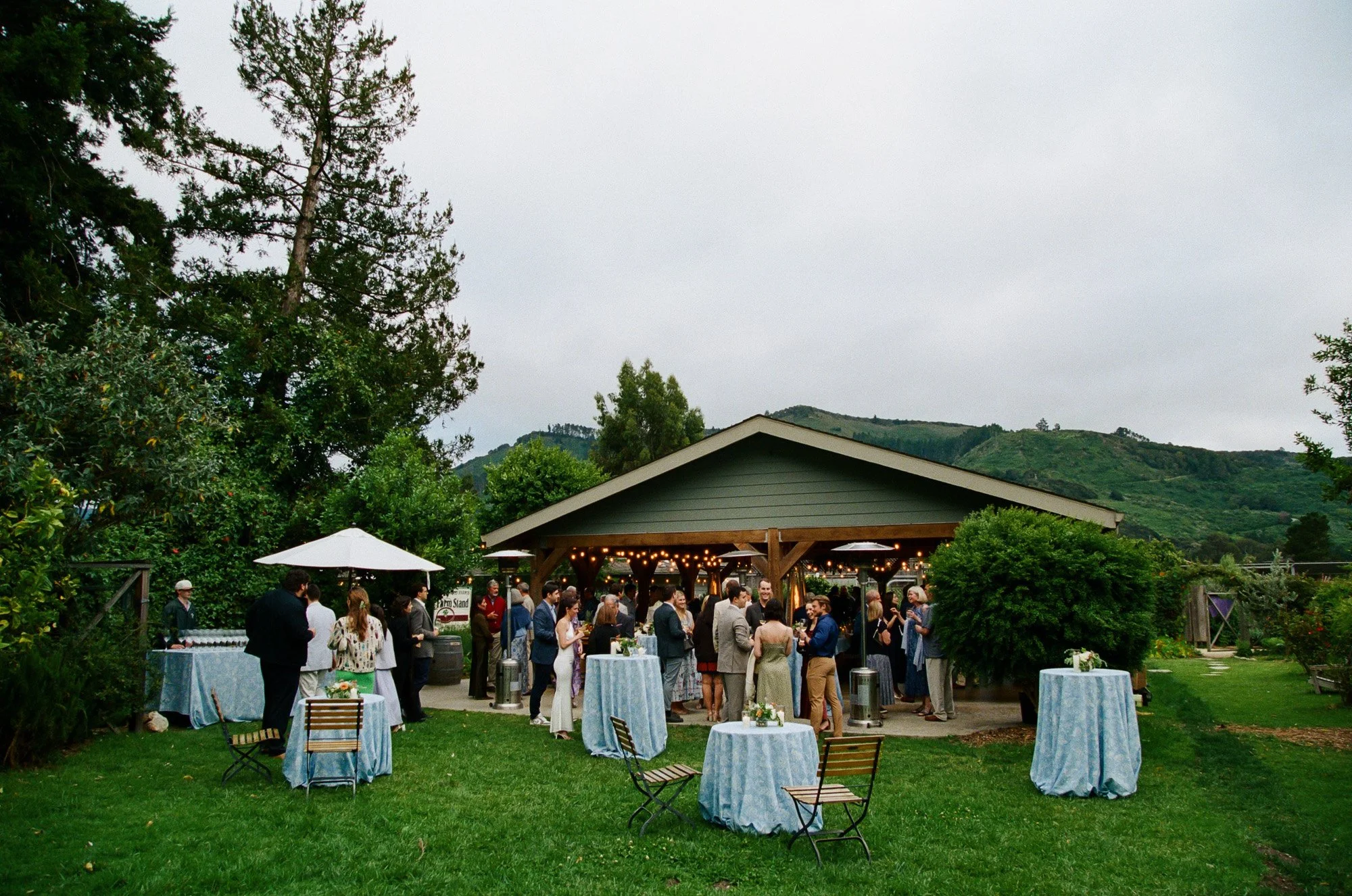 Cocktail hour at a California destination wedding with guests gathered outdoors on 35mm film photography