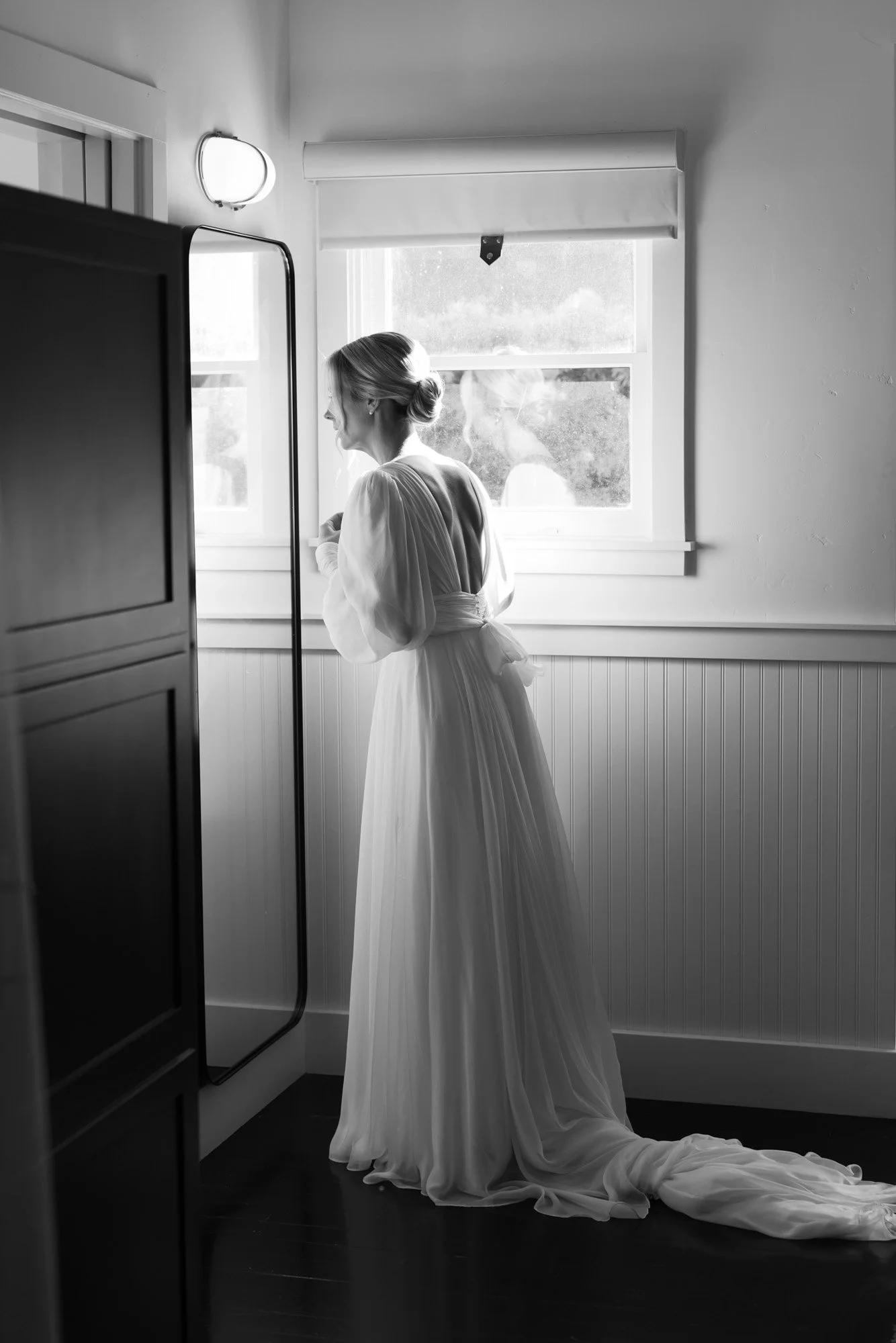 Bride getting ready in the Cypress cottage at The Inn at Mattei's Tavern
