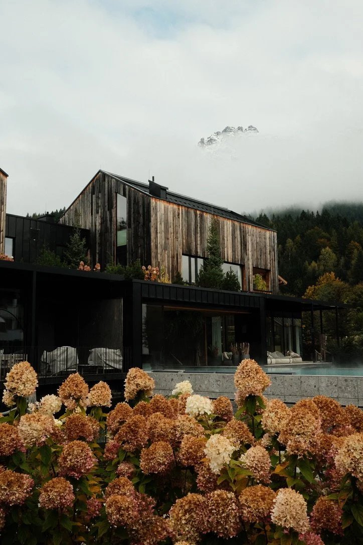 Modern house with wood and black exterior, large glass windows, surrounded by blooming hydrangeas, with mountains and a cloudy sky in the background.
