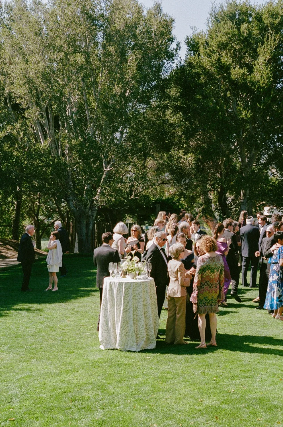 A gathering of people in formal attire at an outdoor event in a lush green garden with tall trees, a table with drinks and floral decorations.