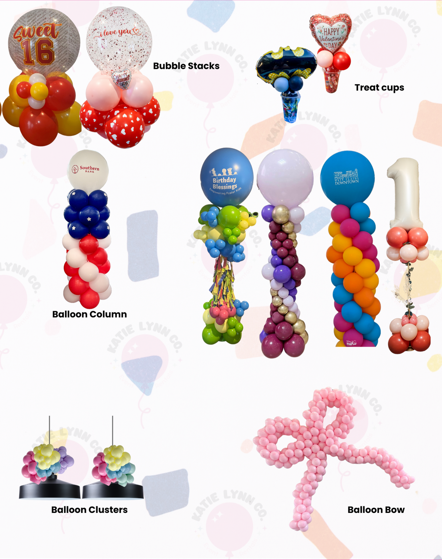 Colorful balloon decorations including bubble stacks, treat cups, balloon columns, clusters, and a bow, with balloons shaped like numbers, hearts, and animals for a celebration.