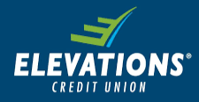 Elevations Credit Union logo with blue background and green and white text.